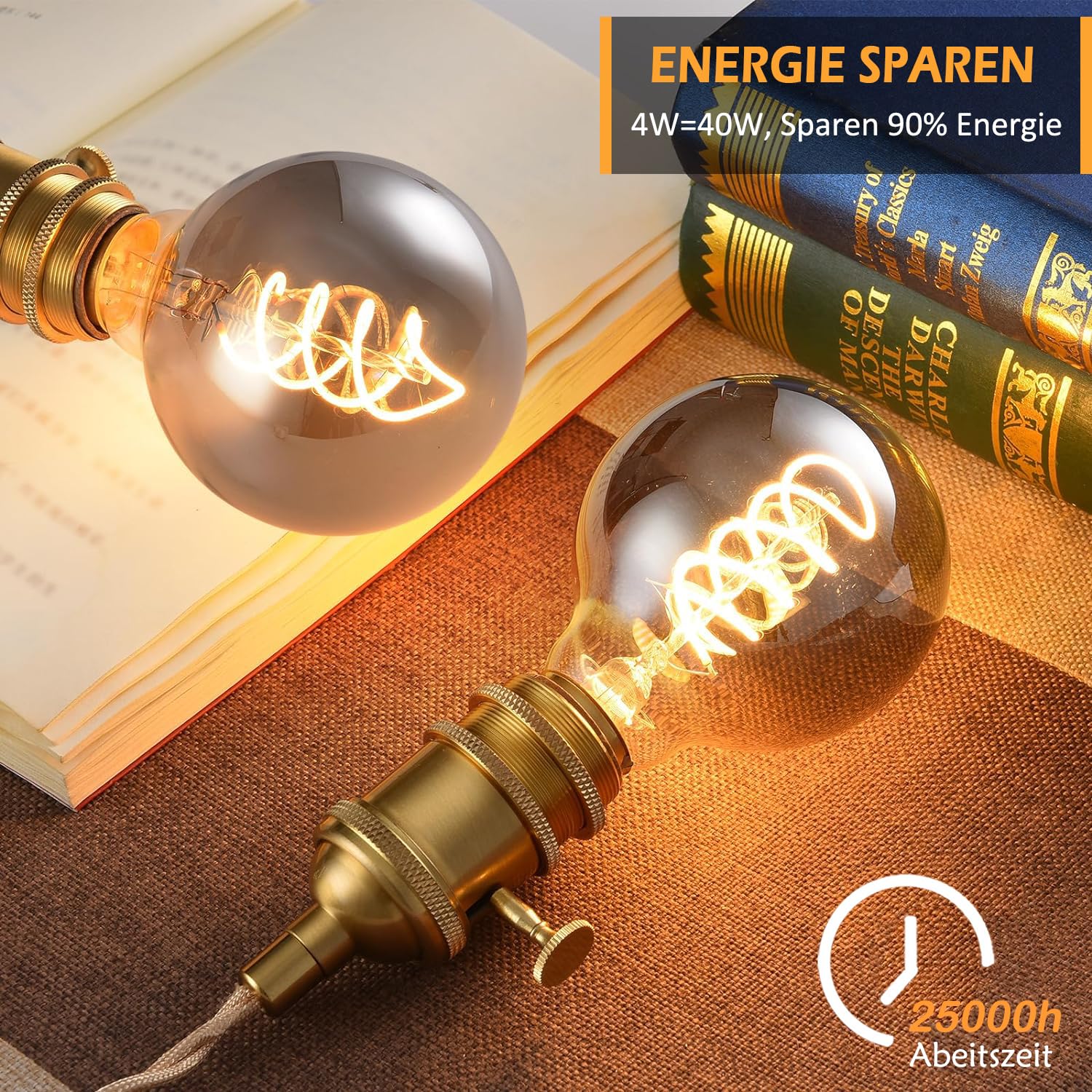 Edison LED Vintage Glühbirne, Dimmbar Glühbirne E27 4W LED Warmweiss, Vintage Edison Dimmbar lampe E27 Ideal für Nostalgie und Retro Beleuchtung - Rauchgrau Glas - 6 Stück（G80 YHS）