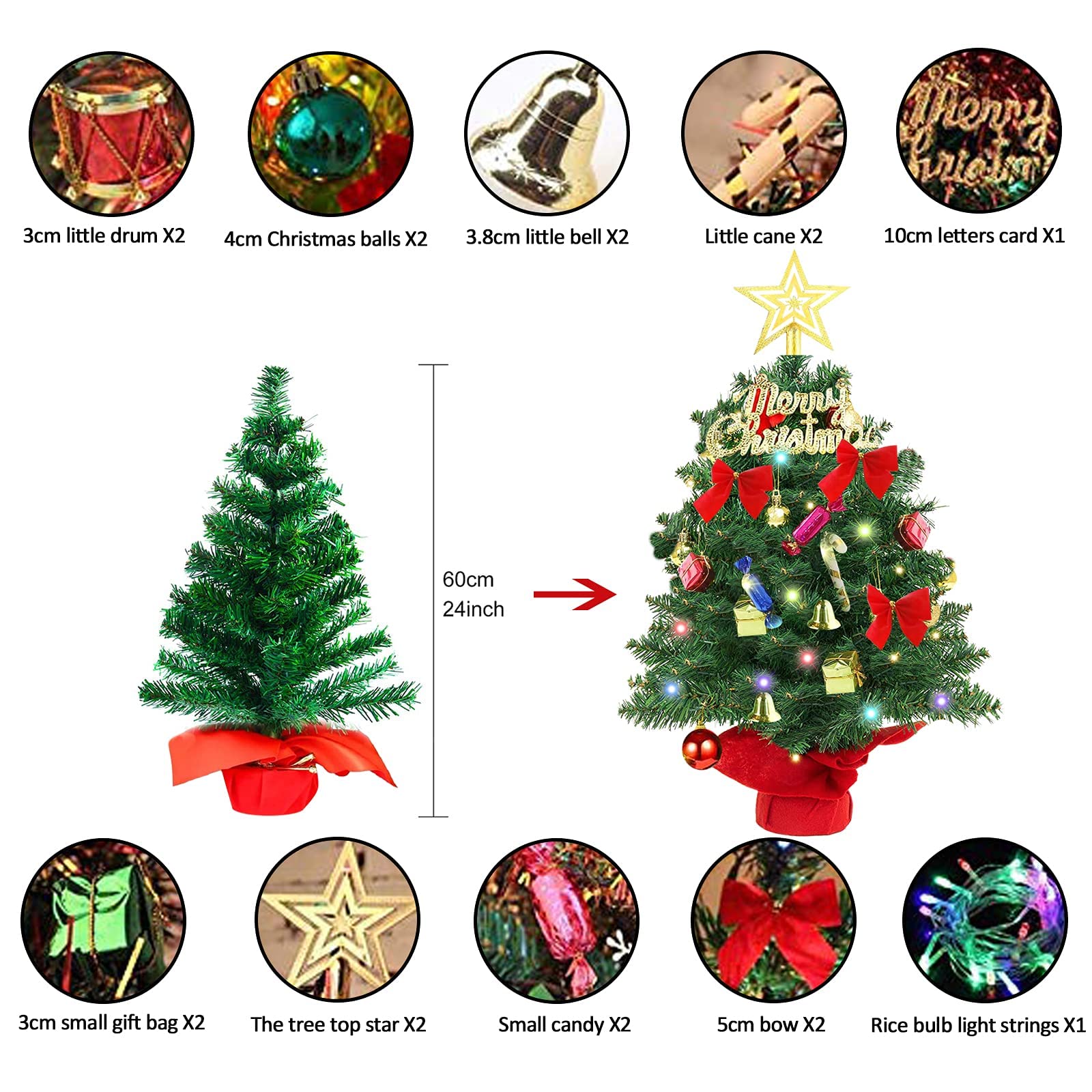 Mini Weihnachtsbaum 60cm Mit LED-Lichtern & Ornamenten - Tischplatte  Knstlicher Weihnachtsbaum