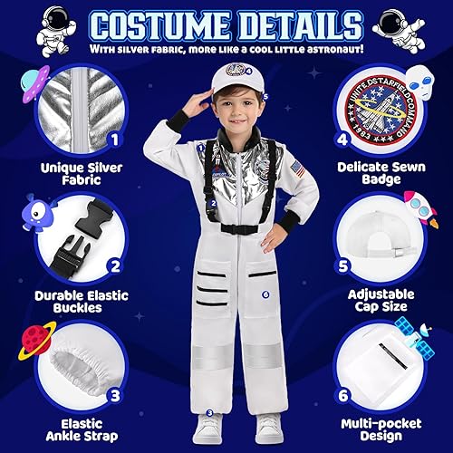 Miniatura 3 de GIFTINBOX Disfraz de astronauta de Halloween para niños con gorra, disfraz espacial para niños y niñas de 3 a 10 años, disfraz de juego de rol