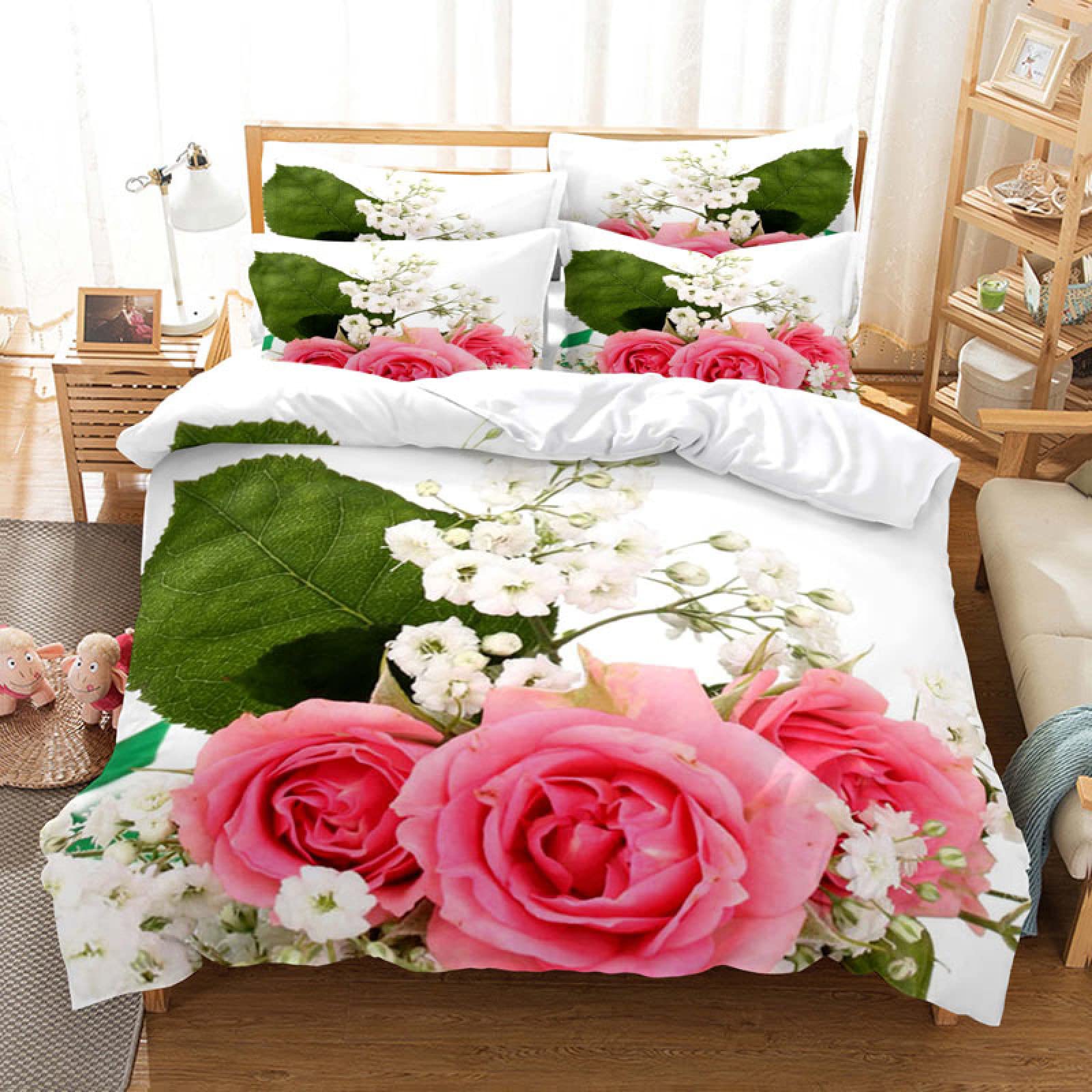 Parure Housse de Couette 140x200 Microfibre Fleur Blanche avec Taies d'Oreiller pour Ado