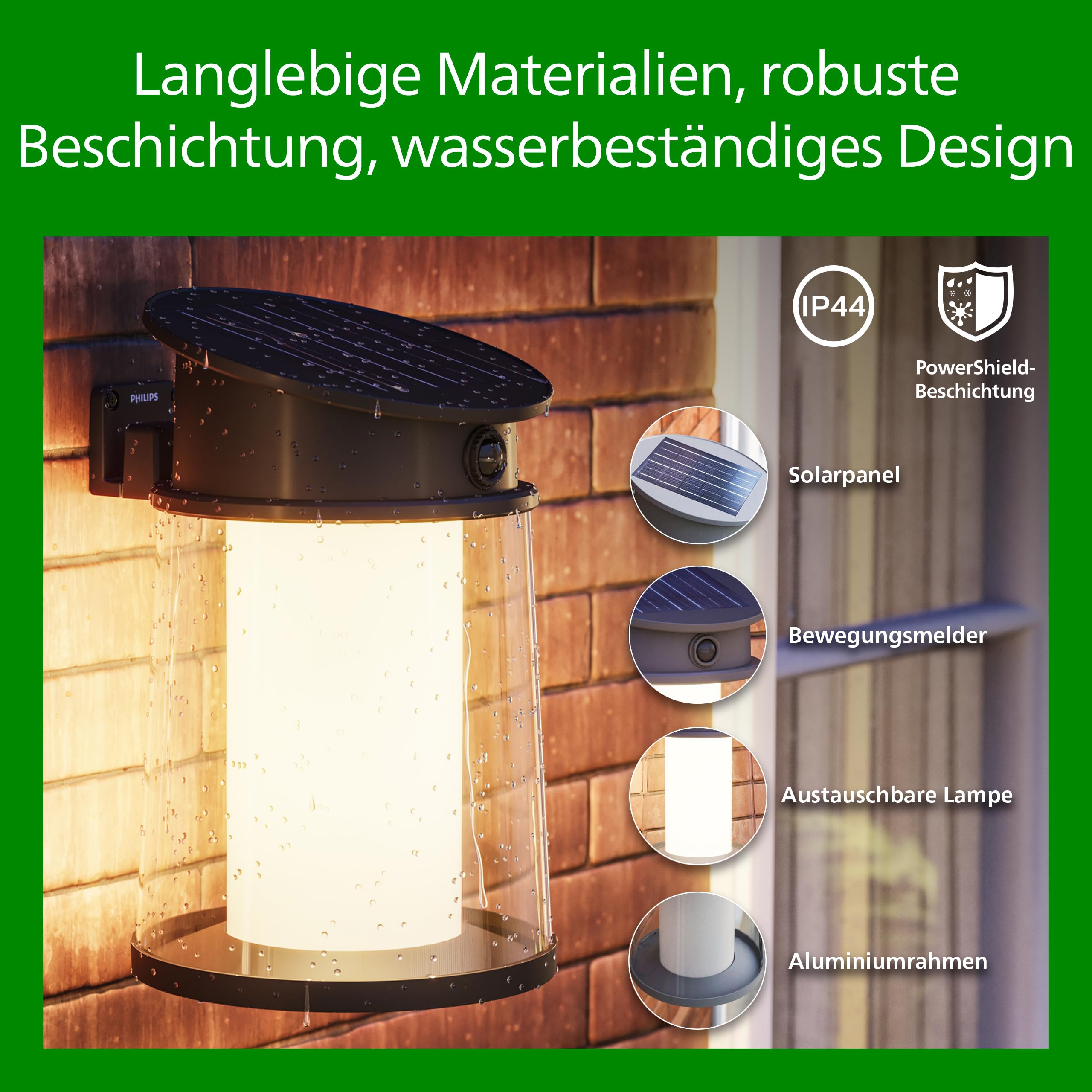 PHILIPS Juda UltraEffiziente Solar-Wandleuchte für den Außenbereich, austauschbare Solarlampe, Bewegungssensor, 2700K warmweißes Licht, Schwarz