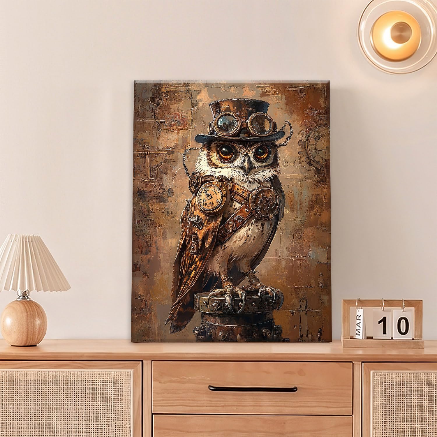 Olivine Steampunk Wall Art, Owl Pictures Wall Decor, Retro Steam Punk Bird Canvas Prints Painting, Framed Artwork for Living Room Bedroom Bathroom Office Home Decor 16"x12"