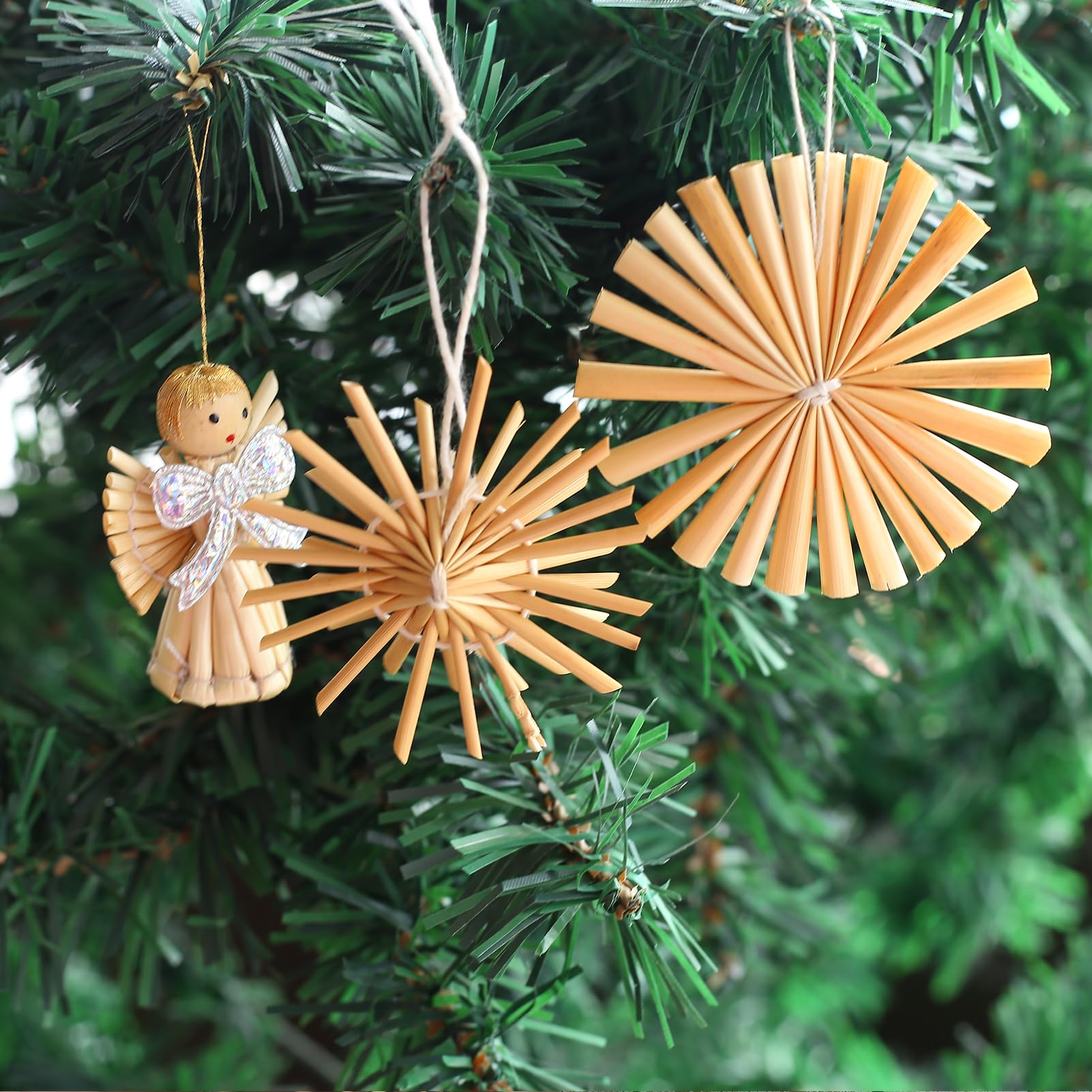 Anstore Strosterren kerstboomversieringen van stro 32-delig, kerstboomversiering, natuurlijke rietjes, kerstdecoratie, 6, 8, 10 cm