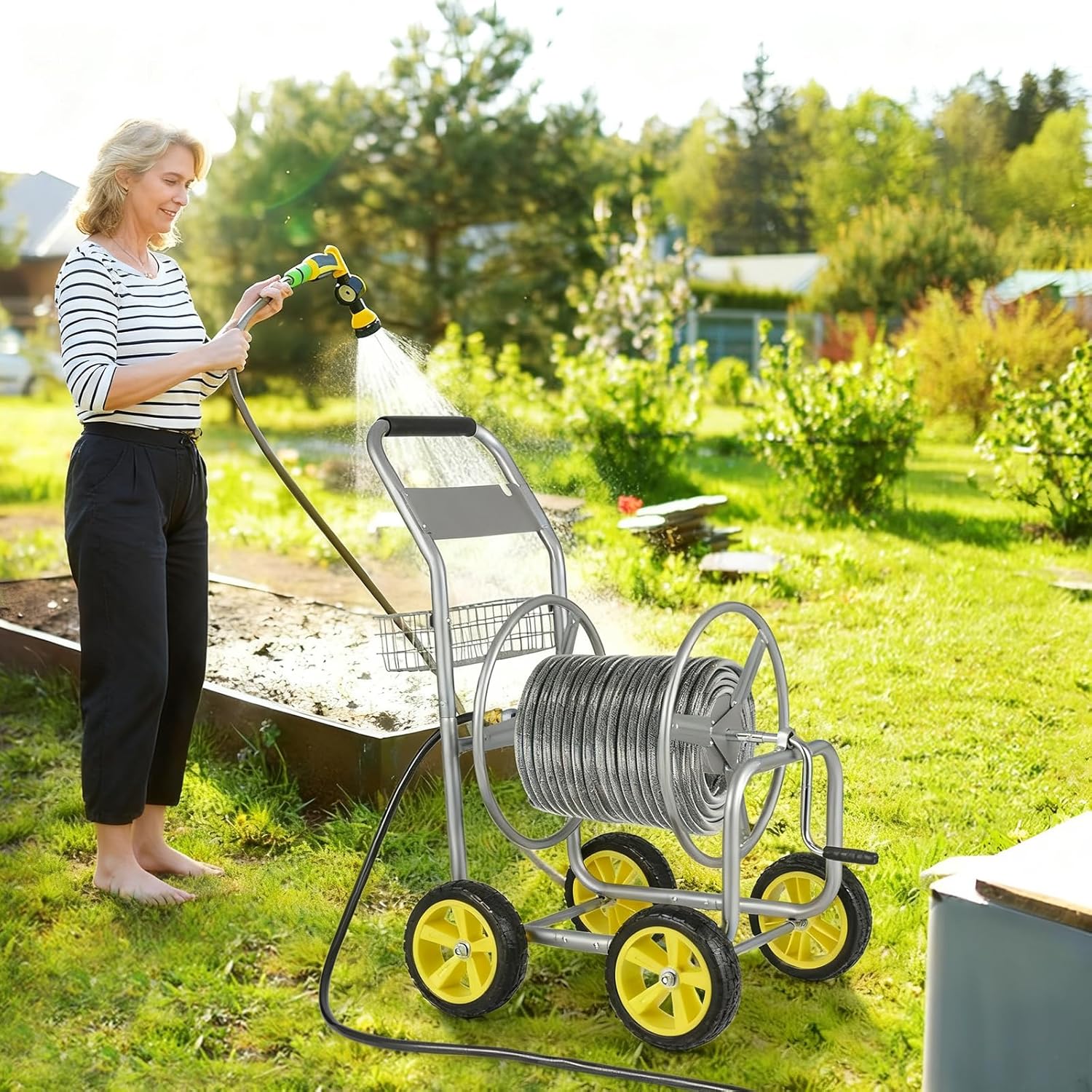 Moccha Hose Reel Cart, Hold Up to 300 FT of 5/8", Heavy-Duty Garden Water Hose Carts with 4 Wheels & Storage Basket for Outside Yard, Outdoor Mobile Planting Tool (Silver)