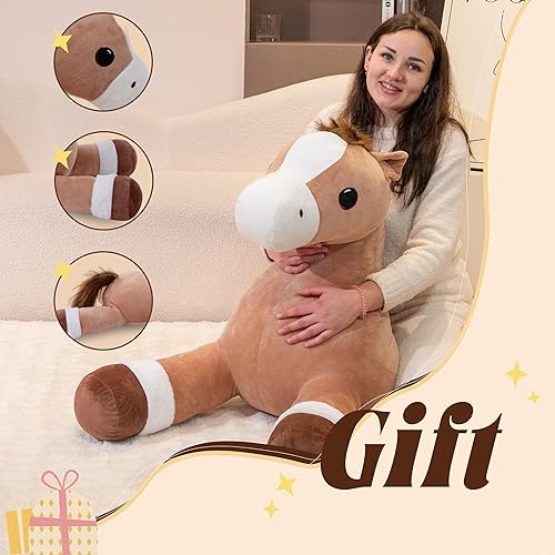 Miniatura 4 de Animales de peluche de caballo gigante, almohada de peluche grande de caballo grande, poni de peluche grande y suave de 37 pulgadas, lindos juguetes