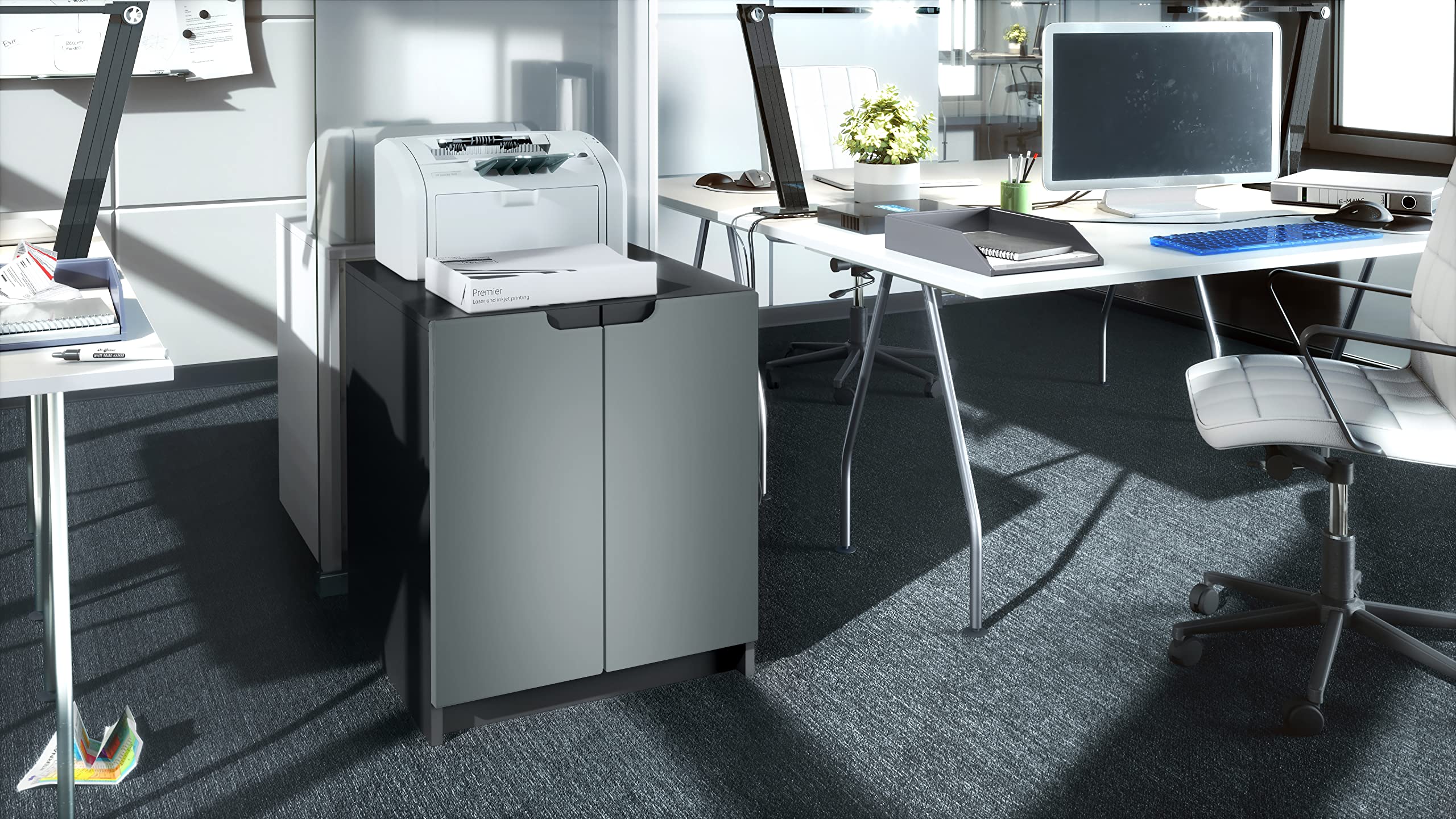 Vladon Commode d'imprimante Logan, Armoire à dossiers avec 2 Compartiments et 2 Portes, Corps Noir Mat, façades Graphite satiné Mat, (51 x 60,5 x 54 cm)