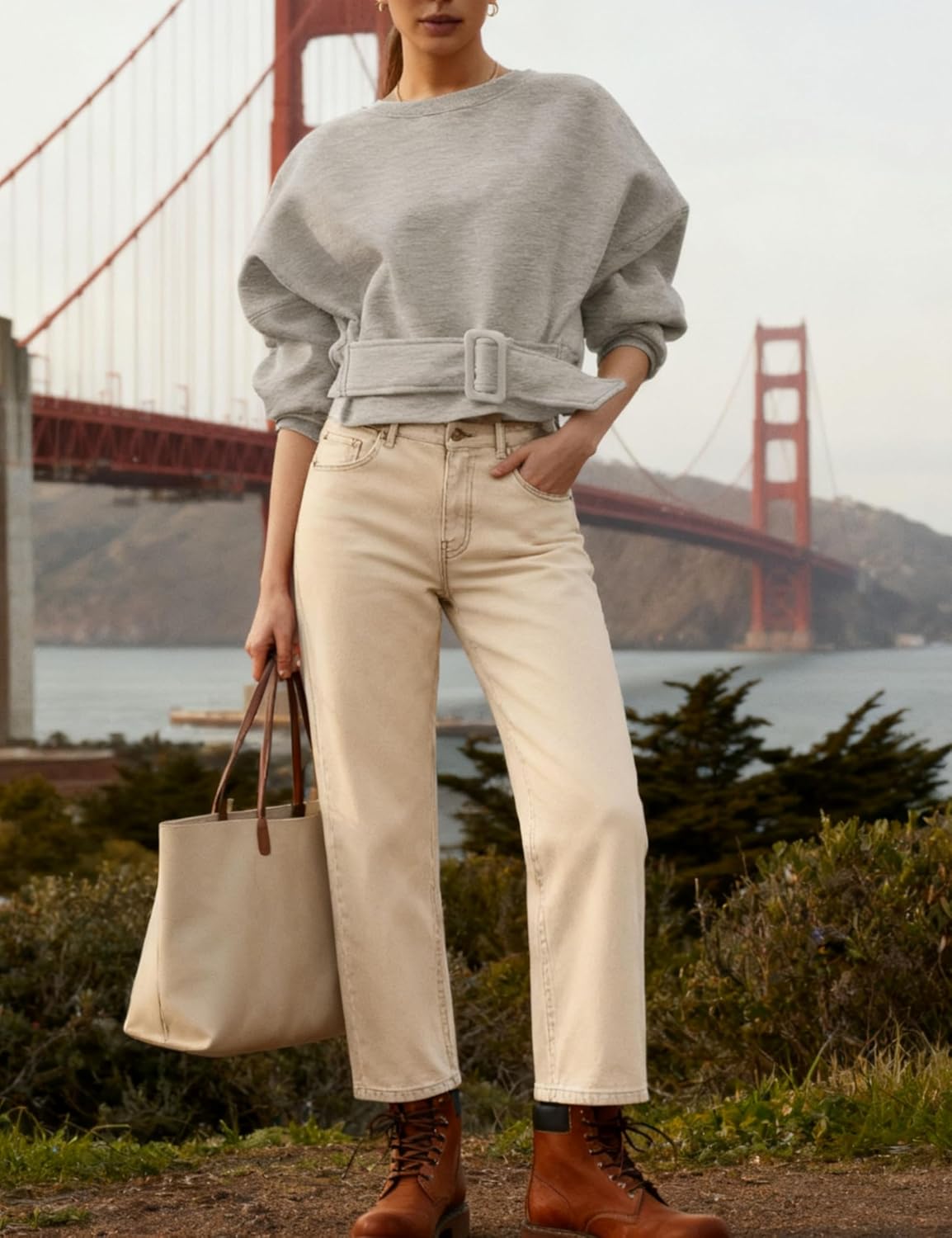 Womens Long Sleeves Cropped Sweatshirts Belted Lace Up Tops Crewneck Y2K Pullover 2025 Fall Outfit - Image 6