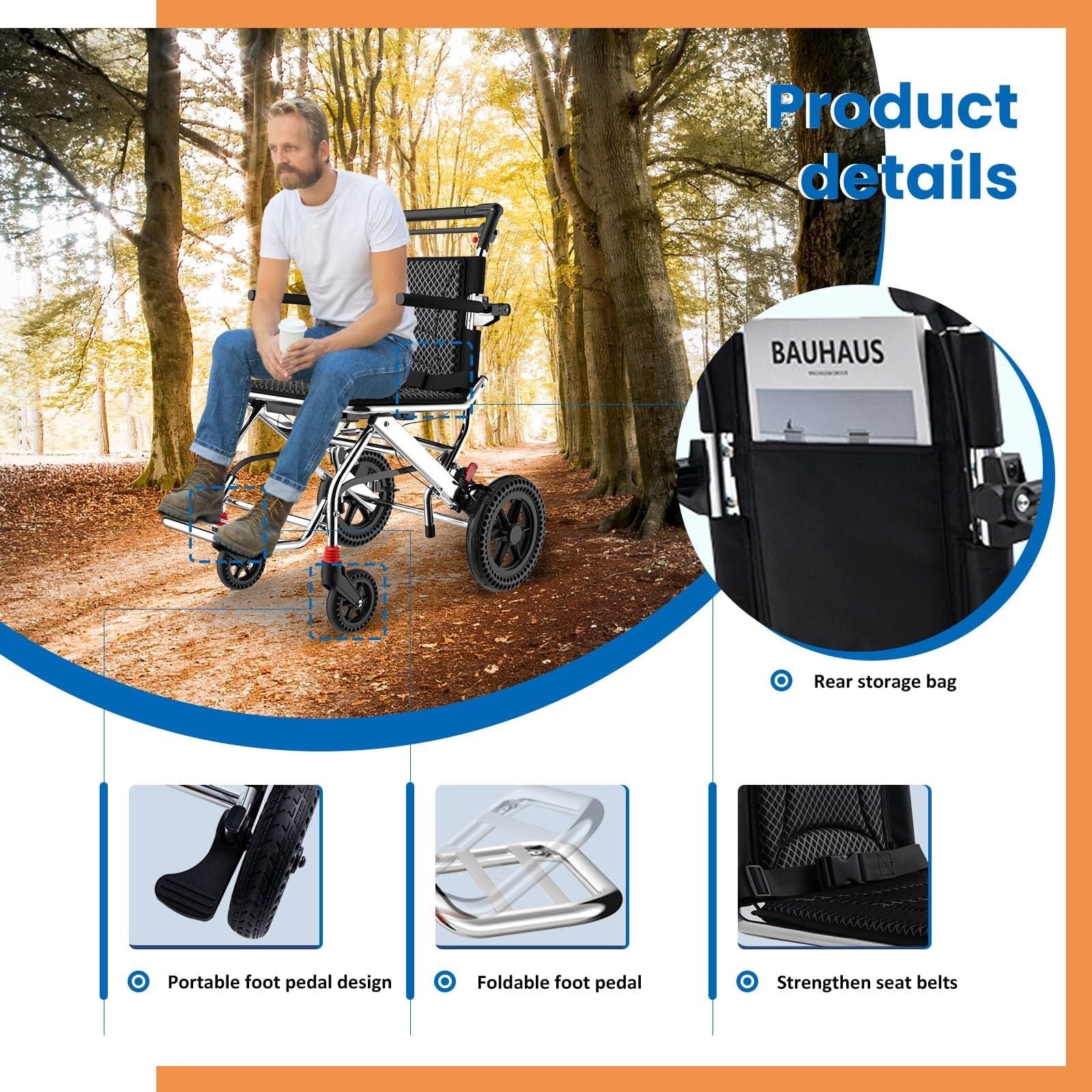 Silla de ruedas plegable y ligera | aluminio con freno mano for adultos personas mayores