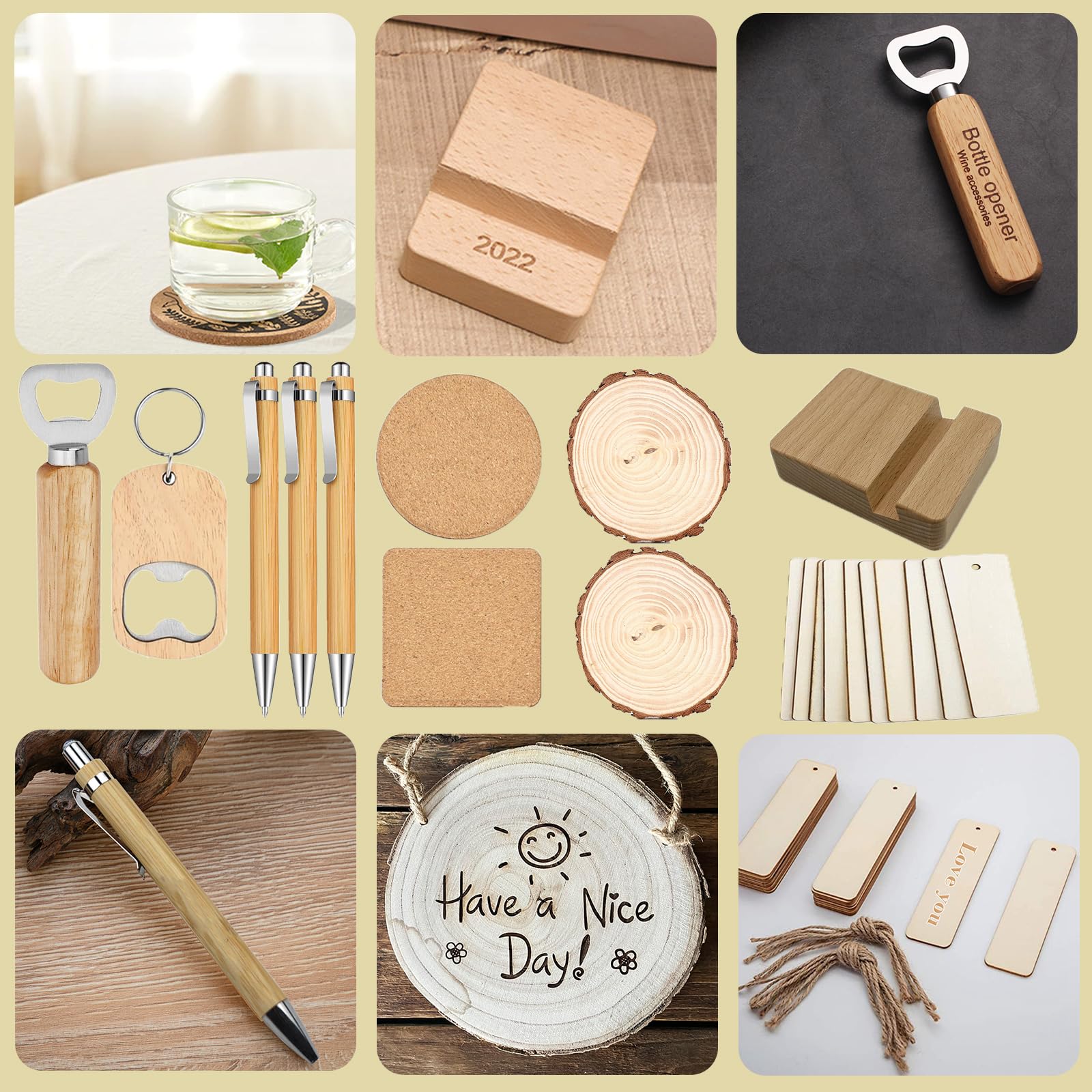Kit de 144 matériaux de gravure laser, 29 types de fournitures de gravure laser, y compris acrylique, bois, cuir synthétique, verre, métal, roche, tissu, matériaux en caoutchouc pour graveur laser