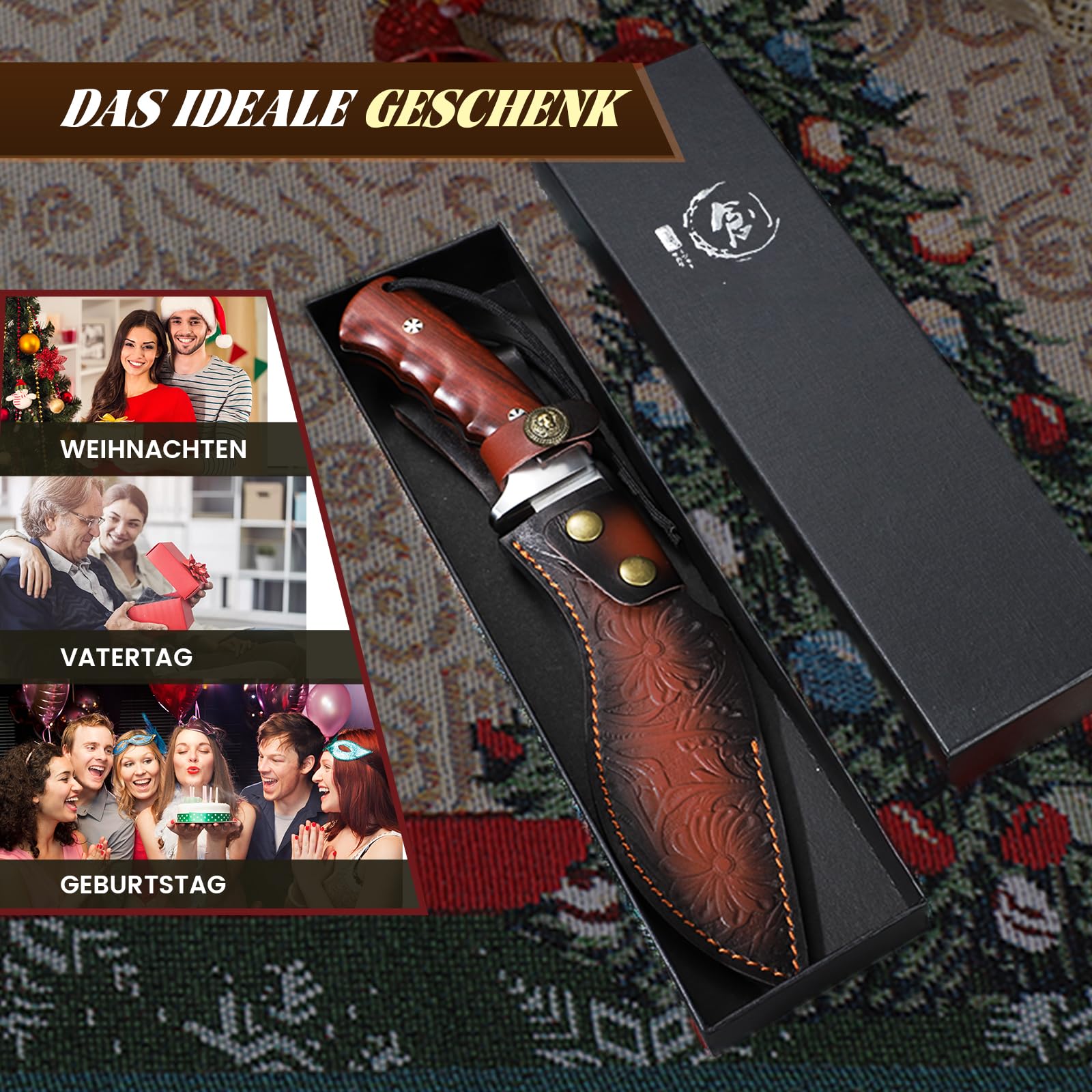 Purple Dragon Coltello Grande con Fodero - Lama Fissa - Affilata Lama da Campeggio con Impugnatura in Legno Tang Pieno per Uomini