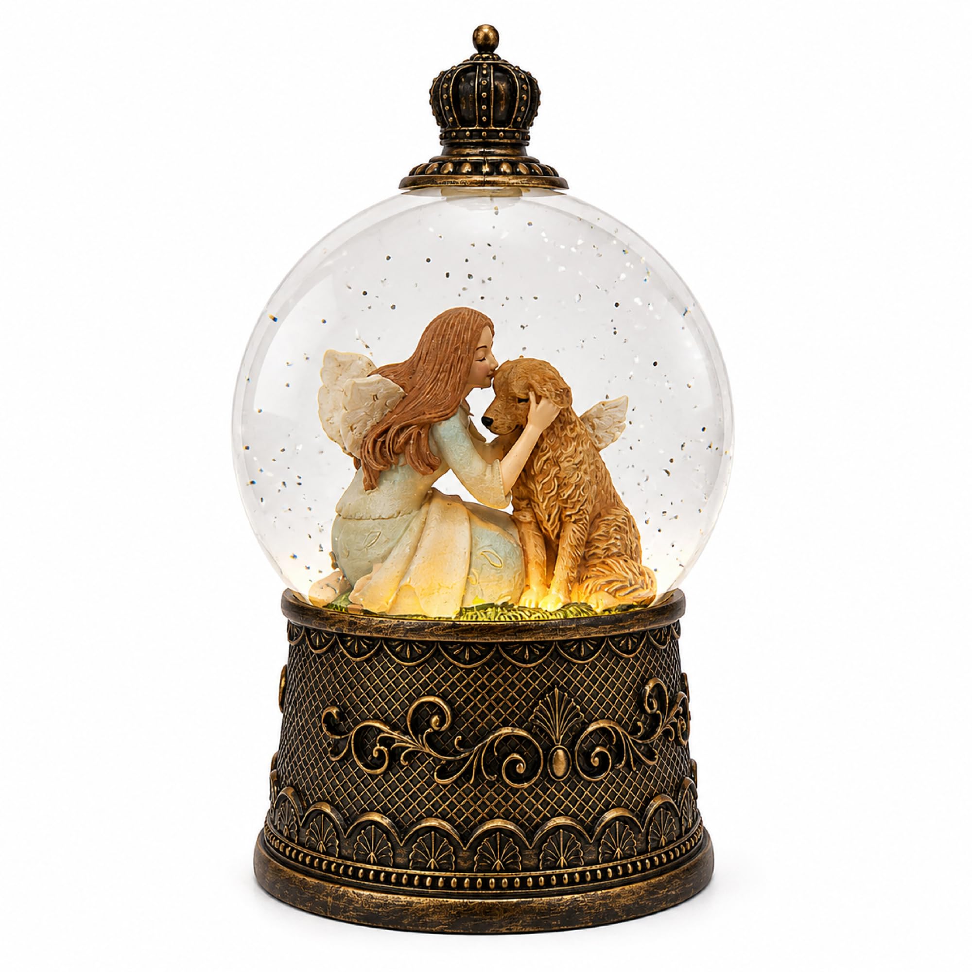 Boule à neige avec musique, boules à neige en forme de chien avec effets scintillants, alimentation USB/batterie avec minuterie de 6 heures, décorations de Noël (noir brossé doré)
