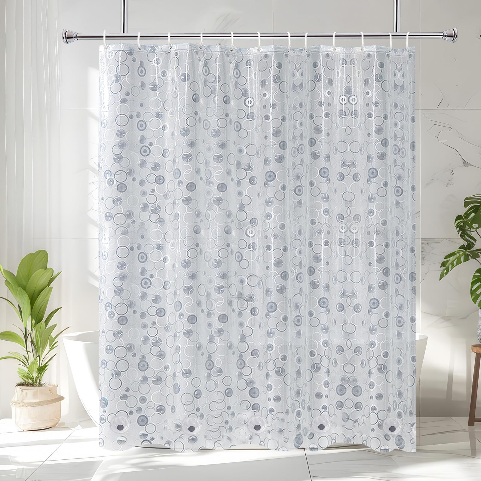 AooHome Cortina de ducha corta de plástico de 66 pulgadas – Cortina de ducha de EVA con diseño circular 3D con ganchos, 5 imanes inferiores, 10 g, resistente, repelente al agua, semitransparente, 72 x