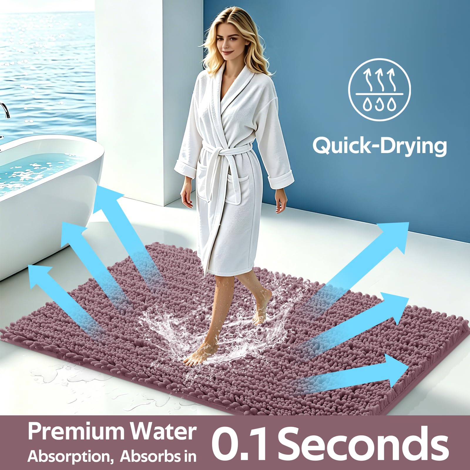 ACCUMTEK Set di 3 tappetini da bagno extra large, color malva, ultra morbidi, spessi, assorbenti, antiscivolo, in ciniglia, per bagno, camera da letto, cucina