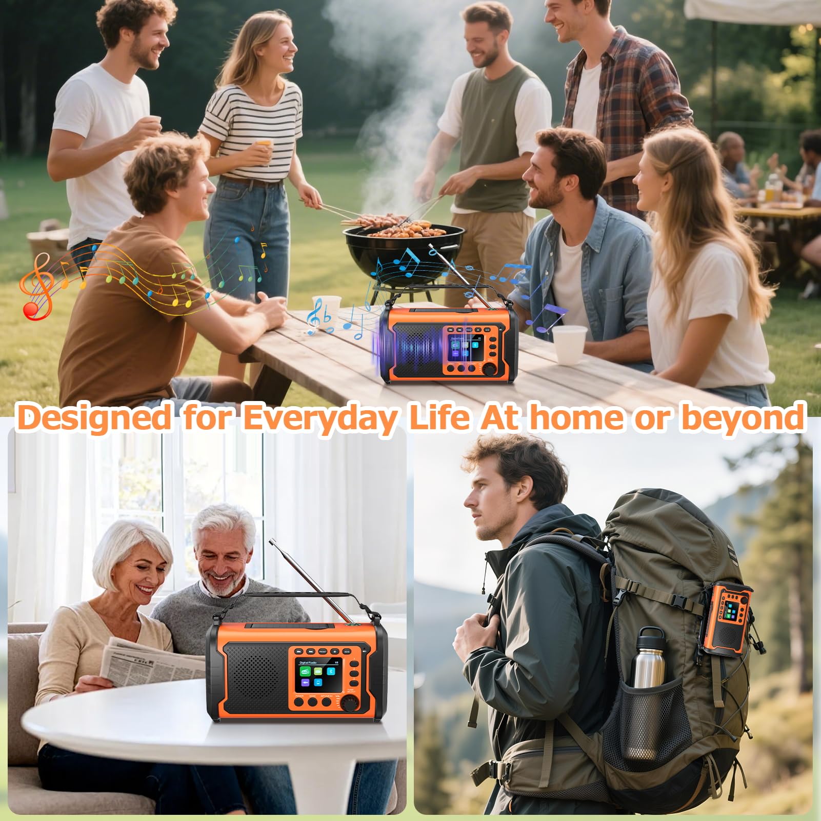 27000mAh DAB/DAB+ Notfallradio mit Kurbel, Solar & USB Laden, Bluetooth 5.3, Powerbank-Funktion, SOS Signal, Heller Taschenlampe, Leselampe, Kompass, TF-Karte und robustem Outdoor-Design, Orange
