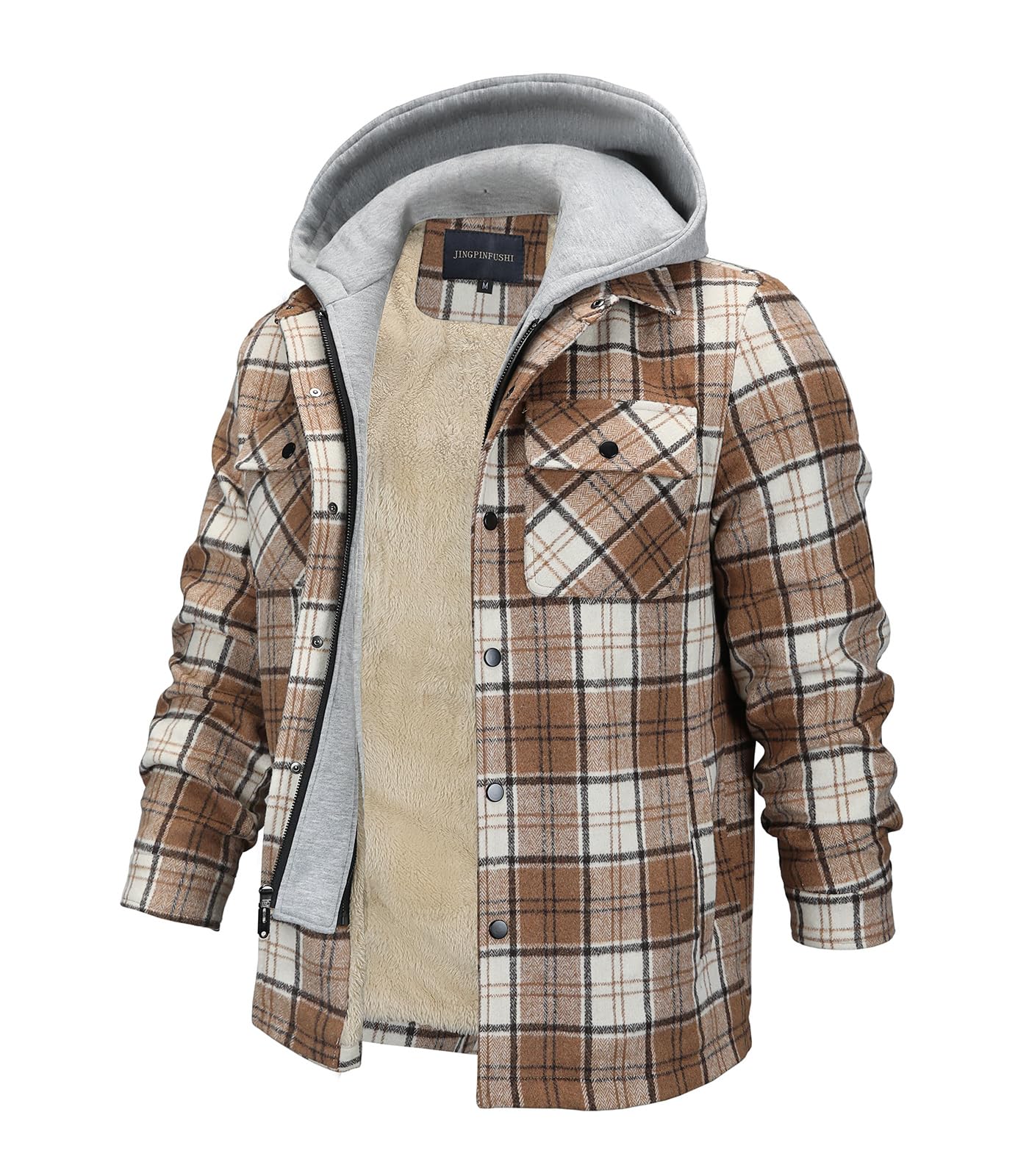 INVACHI Men's Flannel Shirt Jacket Warm Fleece Lined with Detachable Hood Long Sleeve Plaid Shirt Jackets