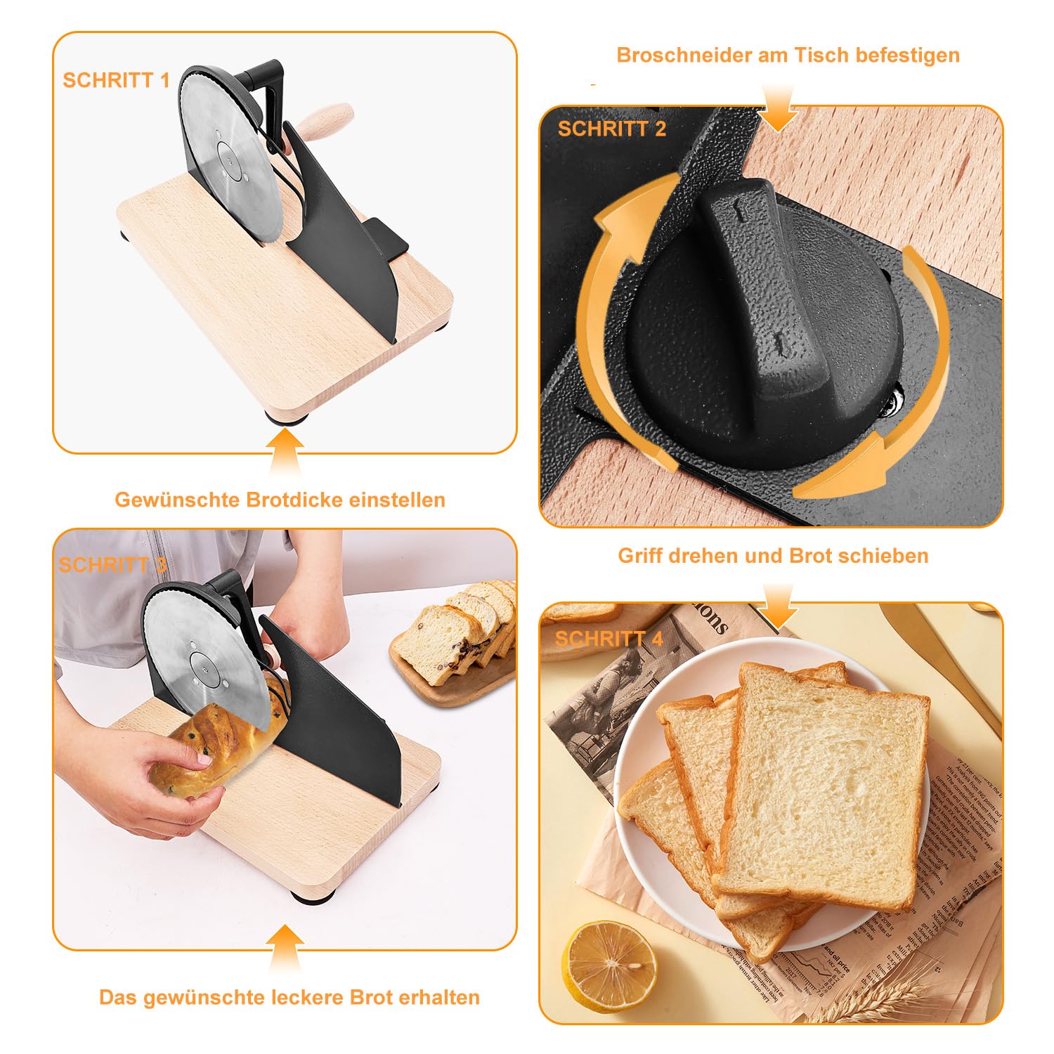 Manuelle Brotschneidemaschine mit Handkurbel, Einstellbare Scheibendicke 0–20 mm, Edelstahl-Wellenschliffklinge, Massivholz-Basis, Für Sauerteigbrot, Selbstgebackenes Brot, Toast & Baguette
