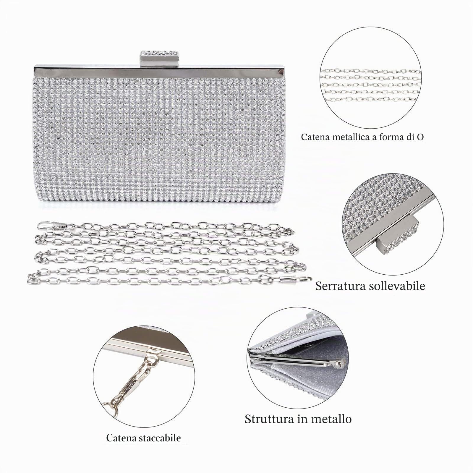 BAIGIO Pochette Donna Elegante Argento Strass Clutch Cerimonia Borsetta da Sera per Matrimonio Party Cocktail
