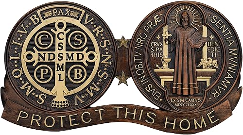 bgcarpenter St Benedict Medal Wall Decor Plaque Religious Handmade Wooden Saint Benedict Crucifix Wall Cross Christmas Gift - 20 Inch