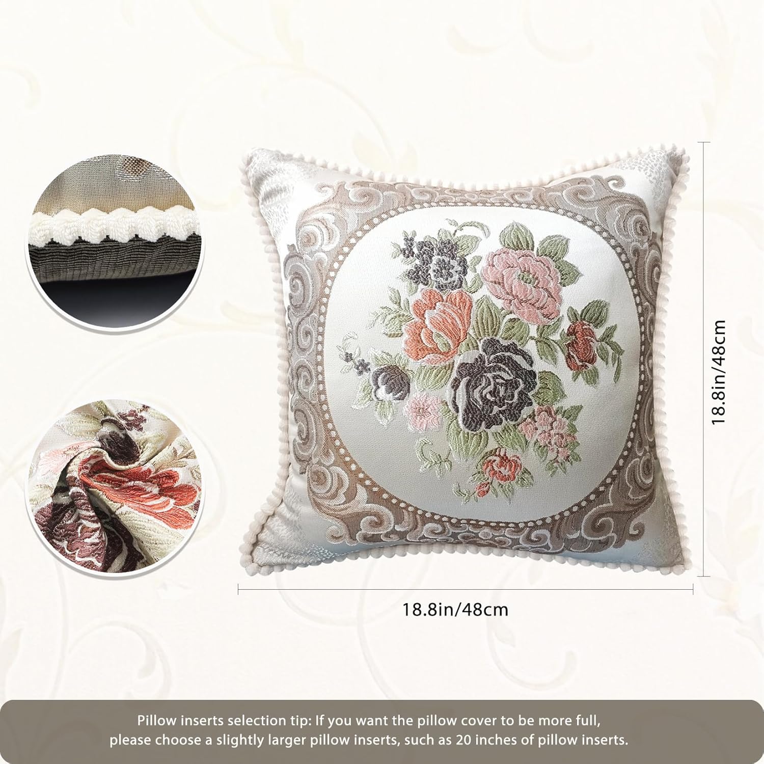 Pillow Covers Set of 2, Jacquard Embroidery Retro Decorative Cushion Covers, Throw Pillow Cover for Living Room, Bedroom, Balcony, Office Sofa, Recliner, Bed, 18.8 * 18.8 Inch Ash Grey