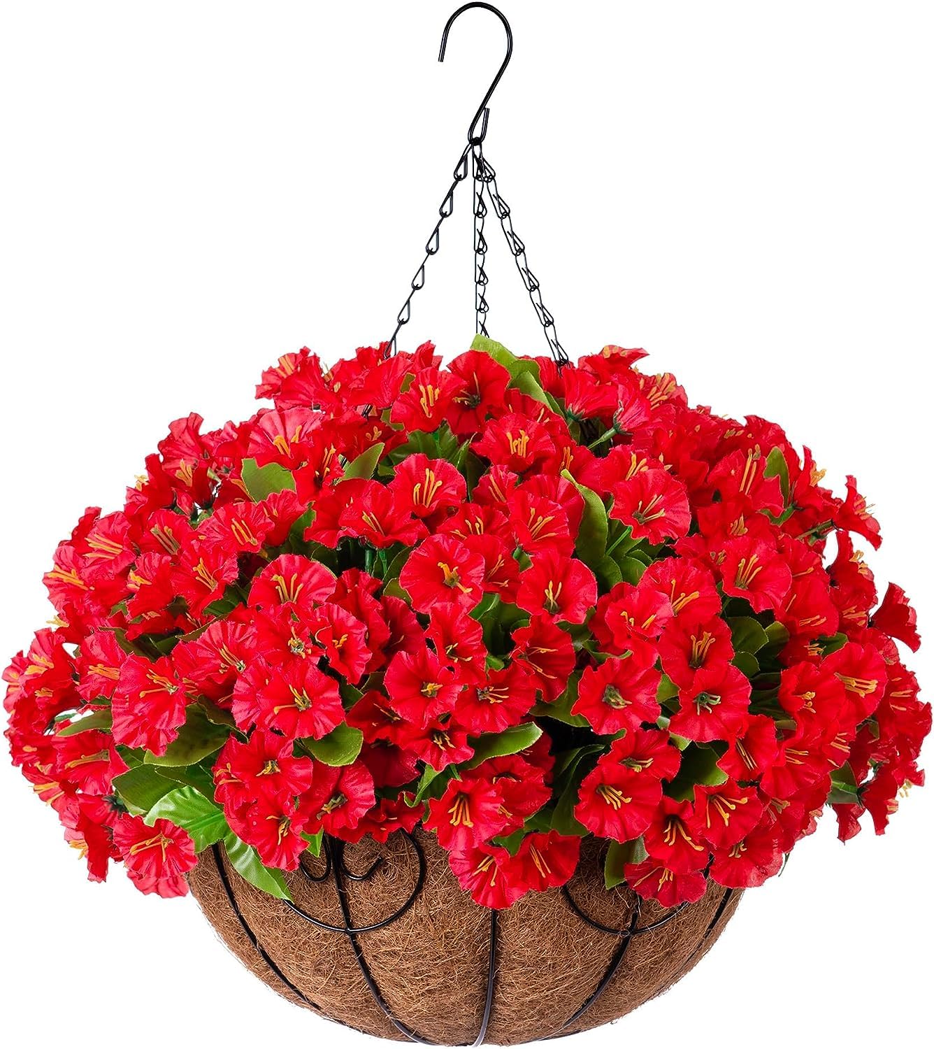 eamve Artificial Hanging Plants Flowers with Basket,Faux Silk Morning Glory Arrangement in Planter,Artificial Petunias Fake Hanging Flowers UV Resistant for Outside Porch Patio Balcony Garden Decor