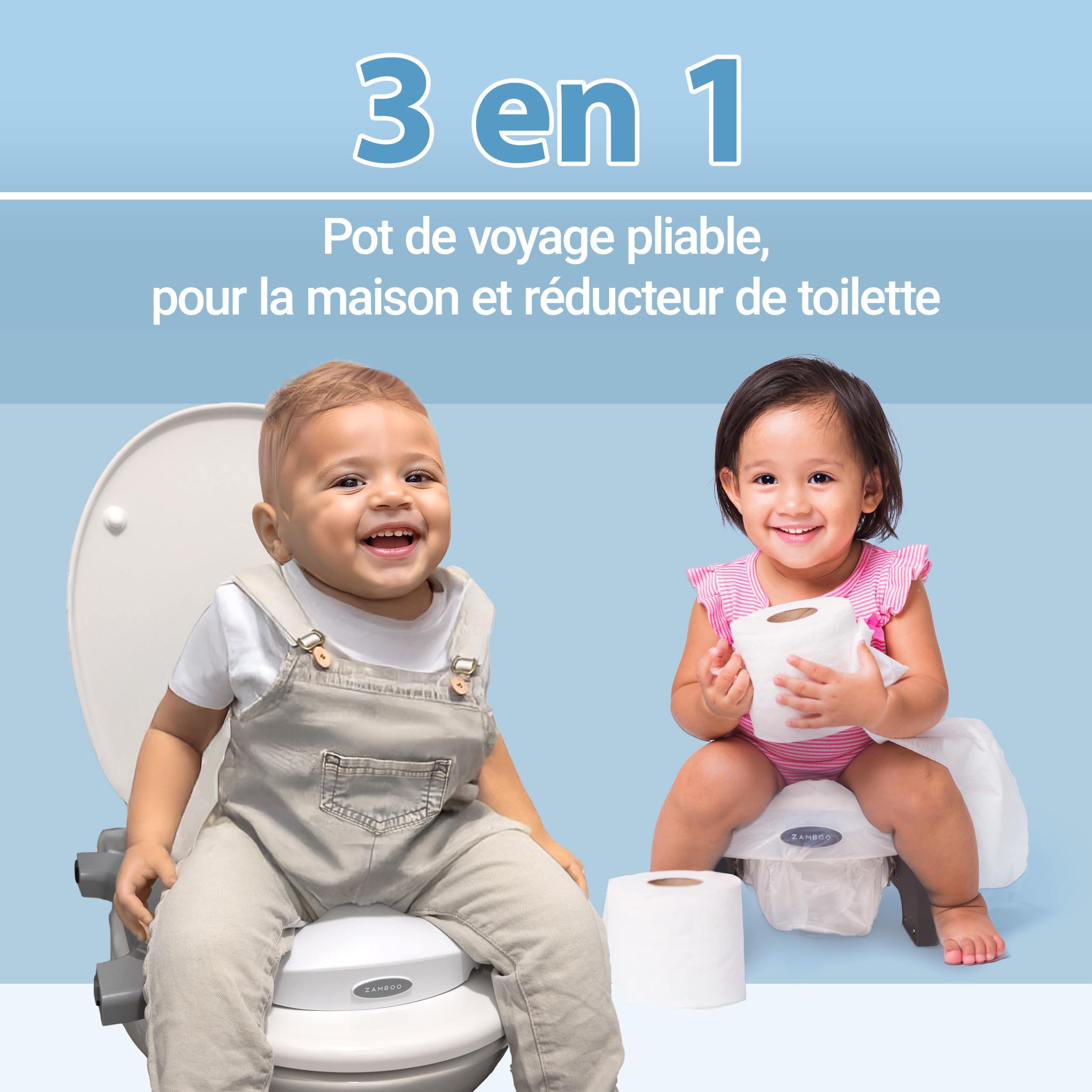 Zamboo Toilette Portable Enfant 3en1 – Pot Bebe & Réducteur Toilette pour Enfants dès 15 mois | Pot Pliable Enfant Voyage et Maison, Anti-Eclaboussure, Utilisable avec Sacs Jetables, Gris