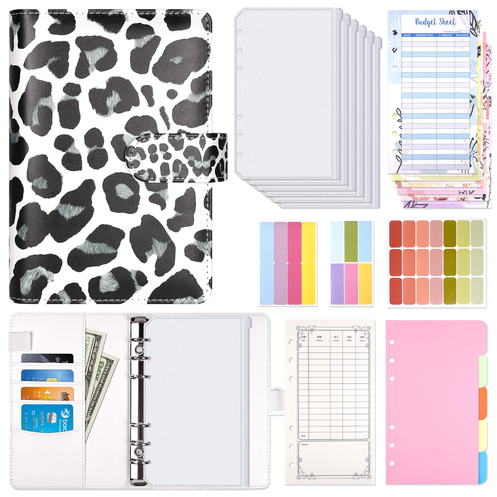 Luminzo A6 Budget Planner with Zipper Envelopes, Money Binder Includes Budget Sheets Label Stickers, 5.3 x 7.4 inches for Cash & Cards, Black Leopard Print