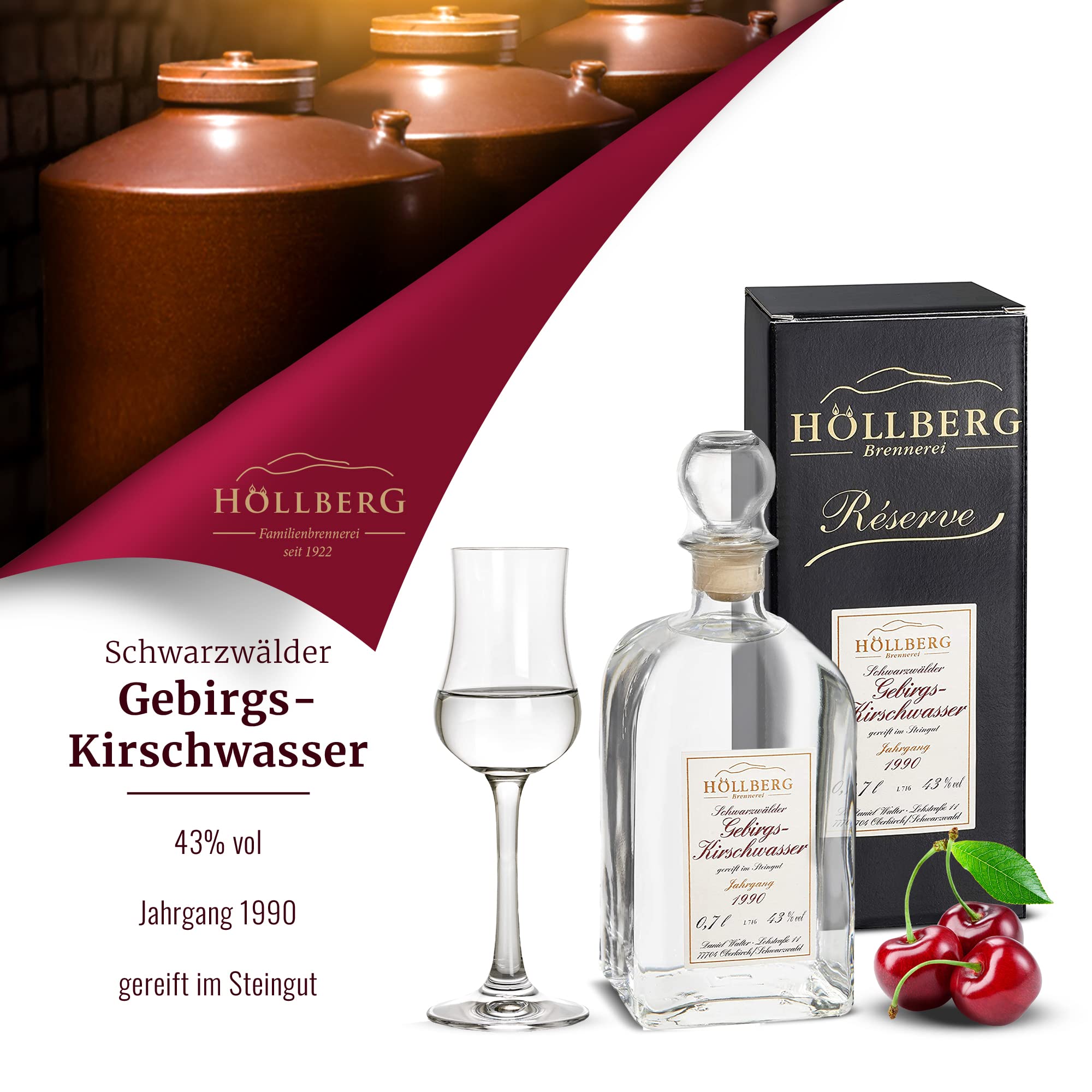 Original Höllberg Gebirgs-Kirschwasser Carré 43% Vol. | Premium Obstbrand mit edlem Kirsch Aroma | Edelbrand aus Familienbrennerei