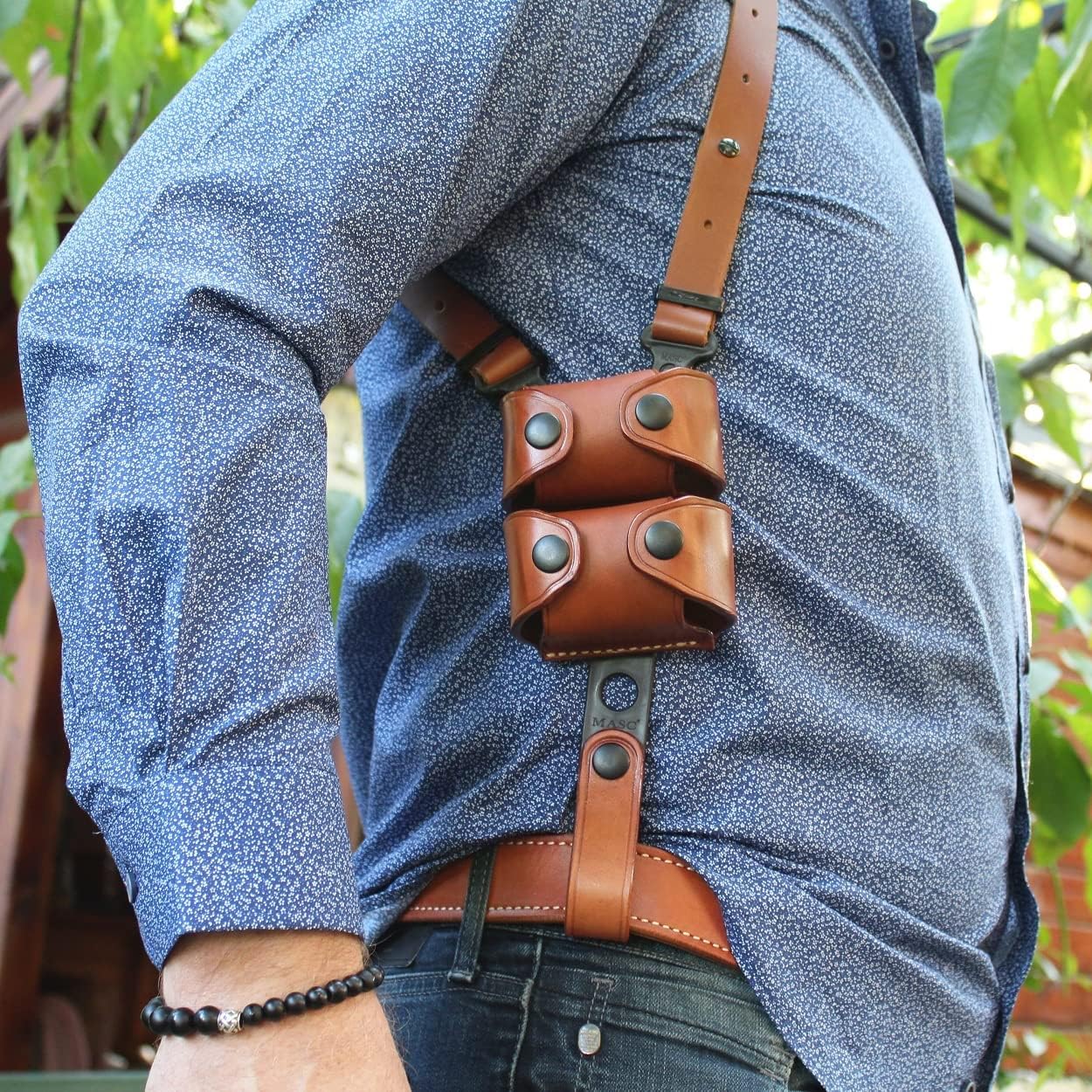 Masc Premium Leather Vertical Shoulder Holster System with Double Speed Loader Pouch, Judge (2-1/2'' cyl) 4510 Steel Frame 2'' BBL, Right Hand Draw, Brown Color #1165#