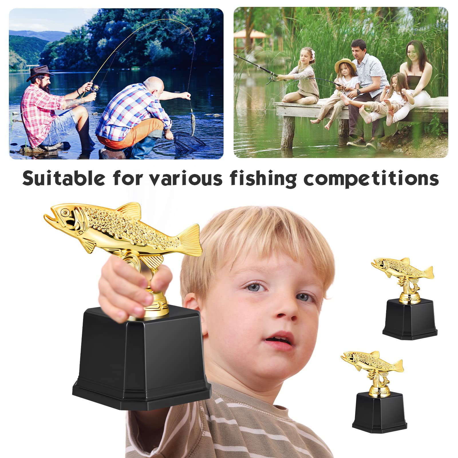 Lot de 3 petits trophées de pêche dorés à grande bouche pour tournois de pêche, compétitions, cérémonies, Derbies, 12,7 x 7,6 cm