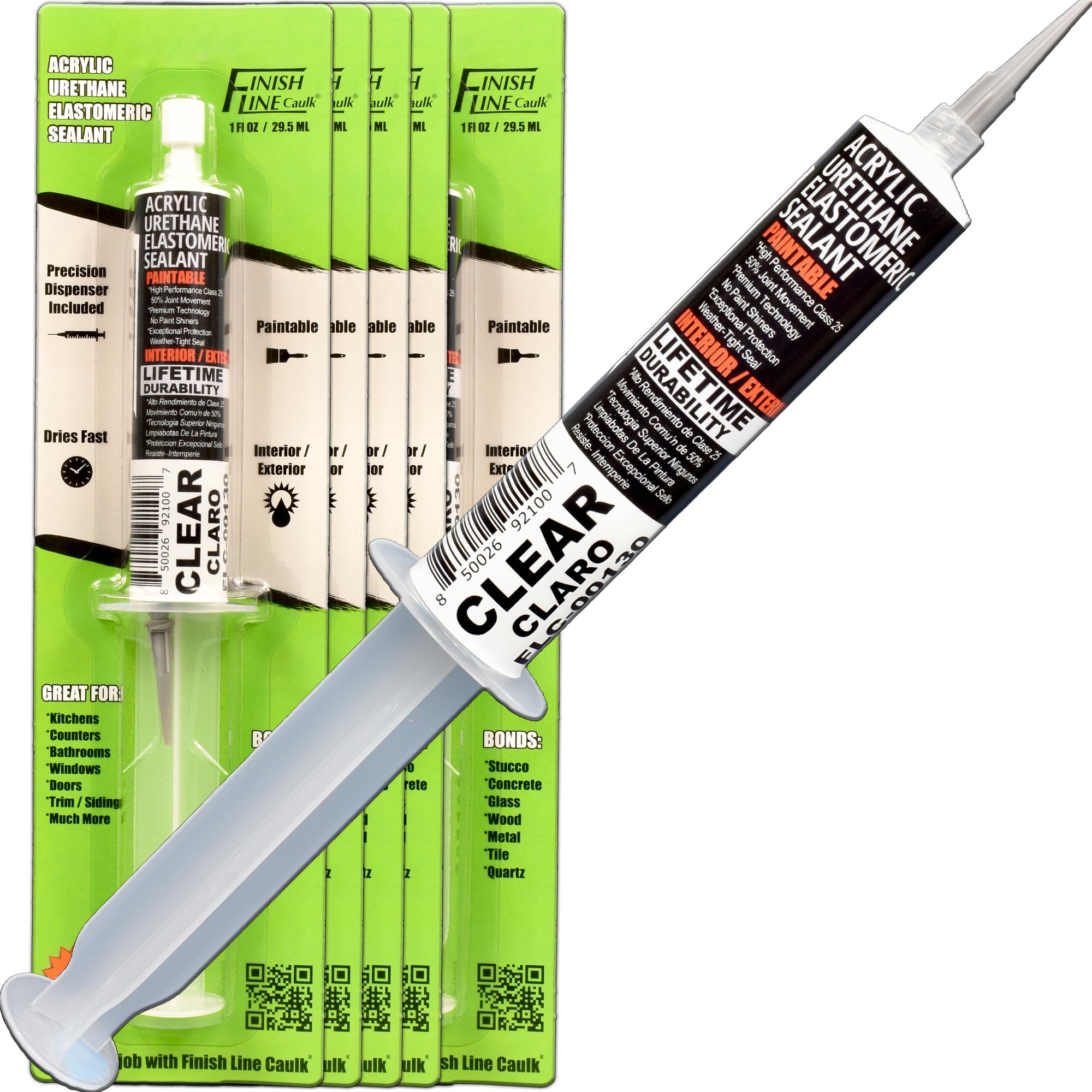 Finish Line Caulk – Acrylic Urethane Elastomeric Sealant – Pre-Filled Precision Caulk Gun – Clear – 5-Pack – Flexible & Durable Translucent Sealant for Trim, Baseboards, and Small Cracks