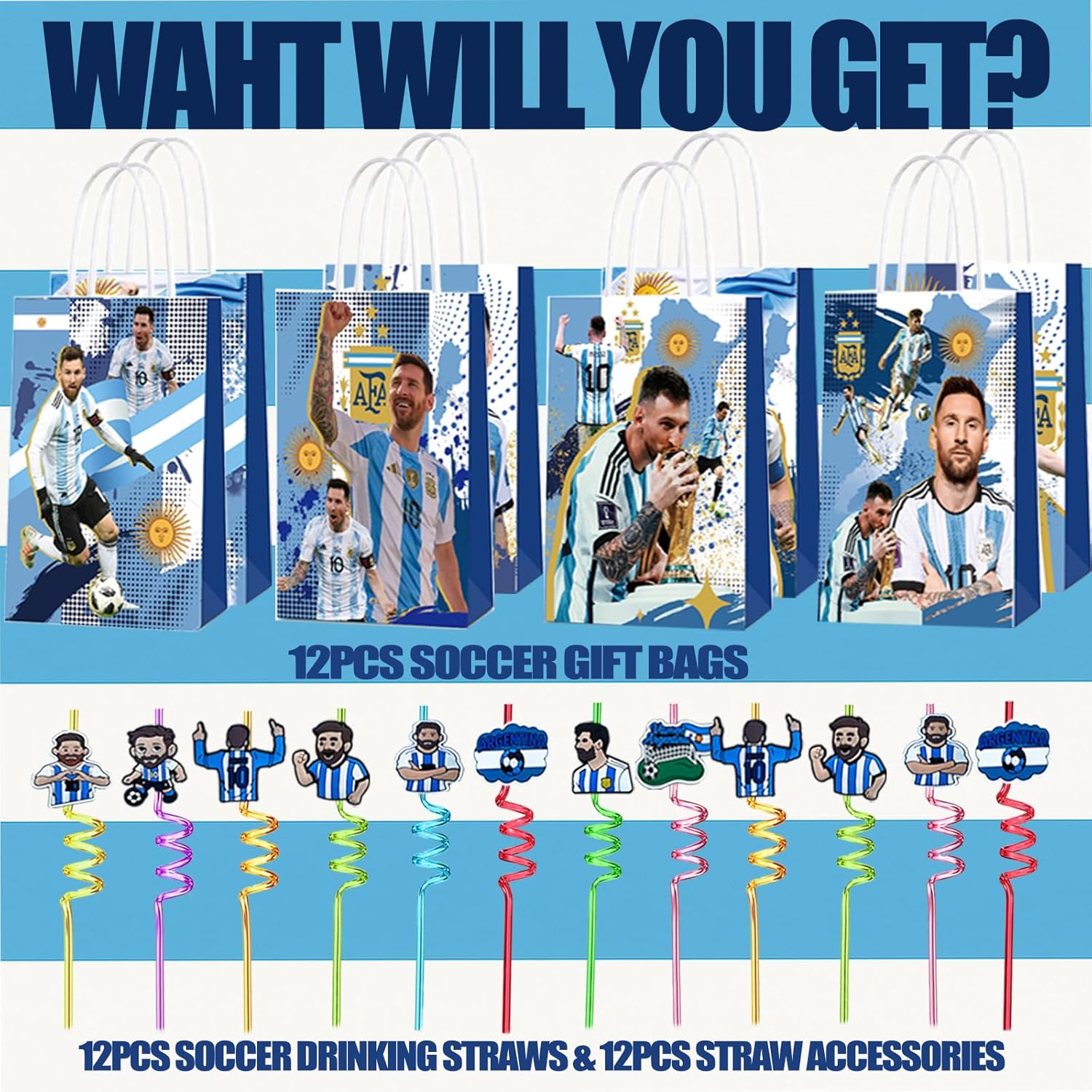 Soccer Star Party Favors Set-122PCS Soccer Decorations Supplies Includes Silicone Bracelets, Keychains, Gift Bags, Straws with Straws Accessories and Stickers for Soccer Fans & Sport Party