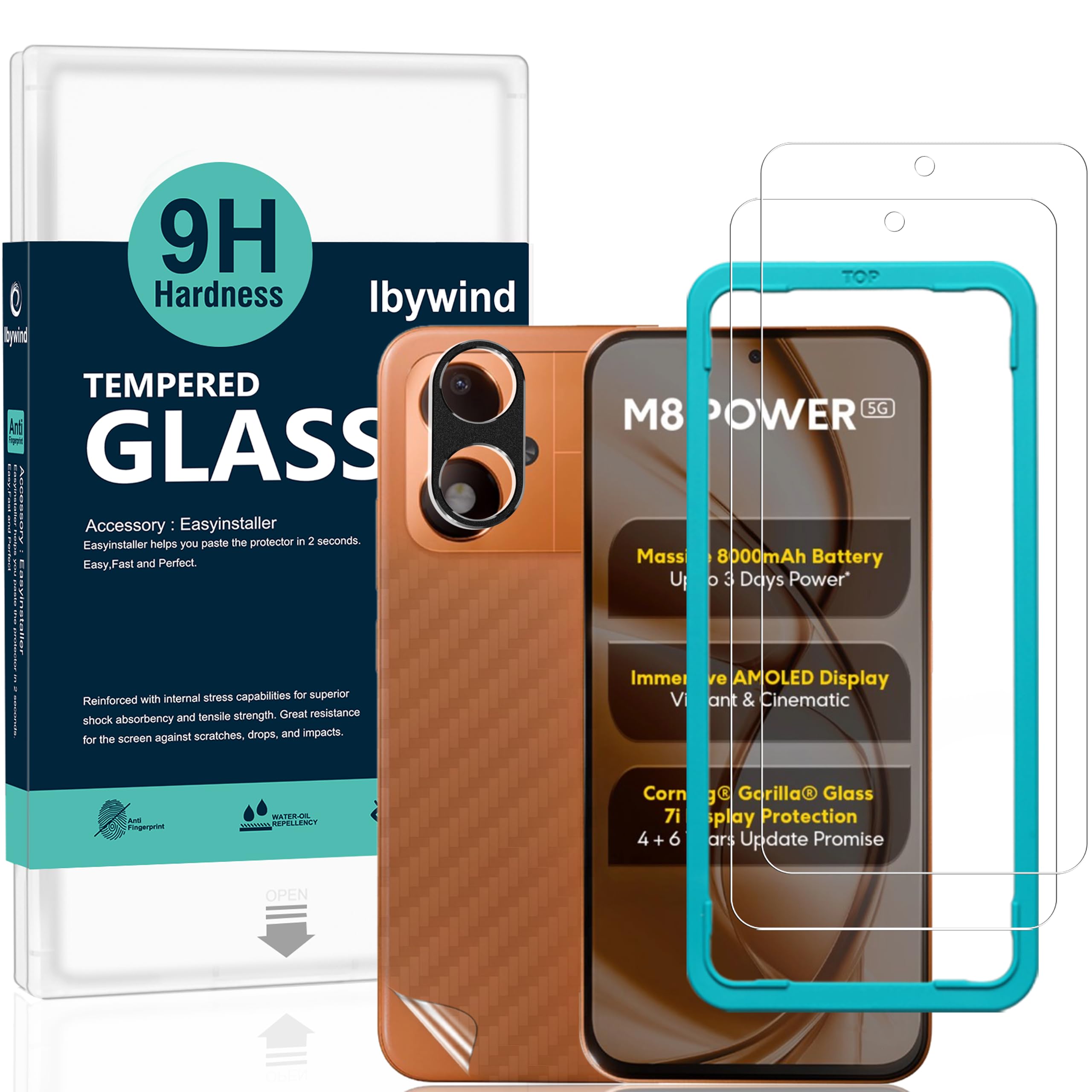 Ibywind for Xiaomi Poco M8 Power 5G Screen Protector,2 Pack,9H Hardness Tempered Glass and Camera Lens Protector,with Alignment Frame,Full Coverage,Bubble Free,Fingerprint Unlock,Scratch Resistant