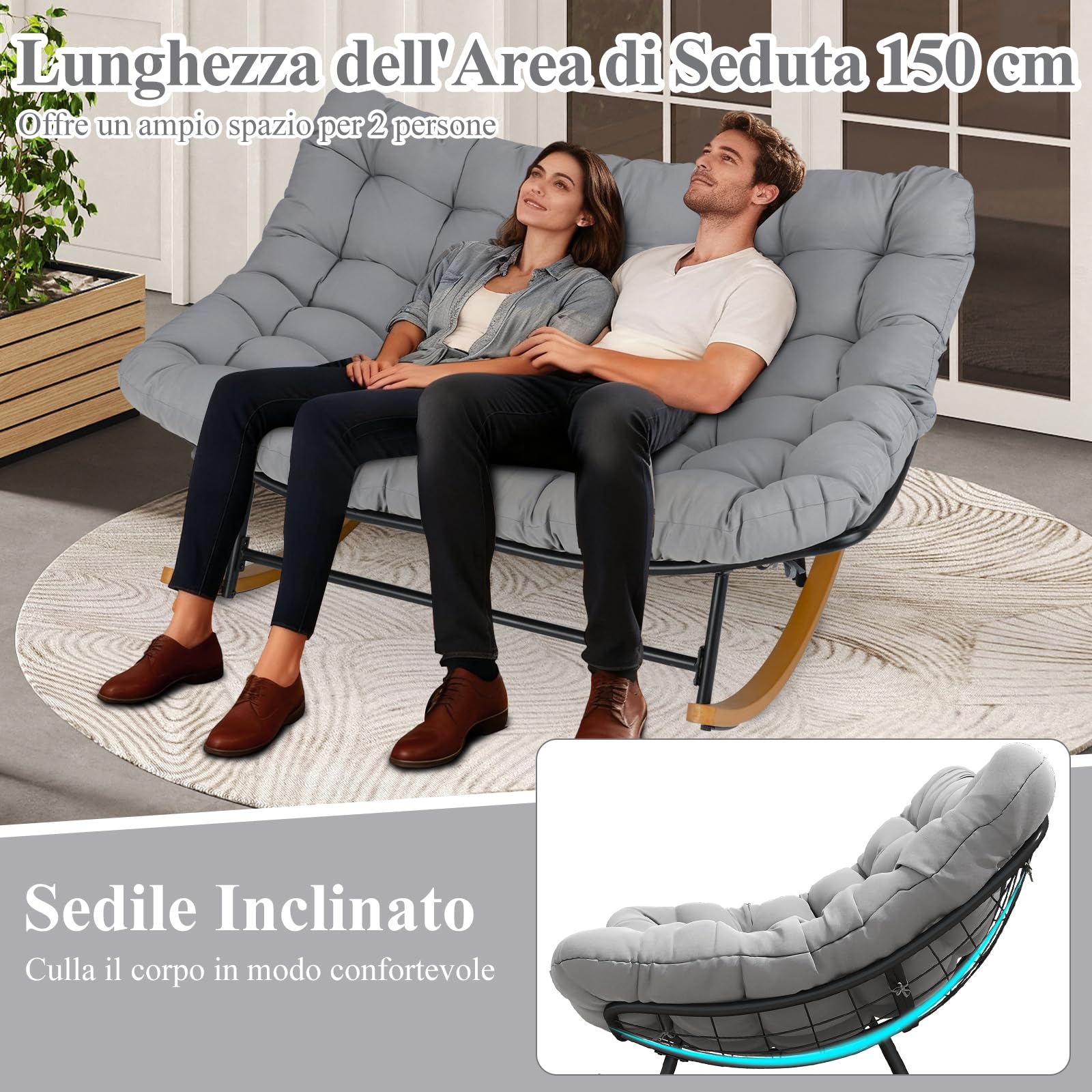 RELAX4LIFE Sedia a Dondolo a 2 Posti da Interno ed Esterno con Comodo Cuscino Imbottito, Dondolio Delicato per il Relax, Sedia a Dondolo Moderna per Soggiorno, Giardino, Cortile, Grigia