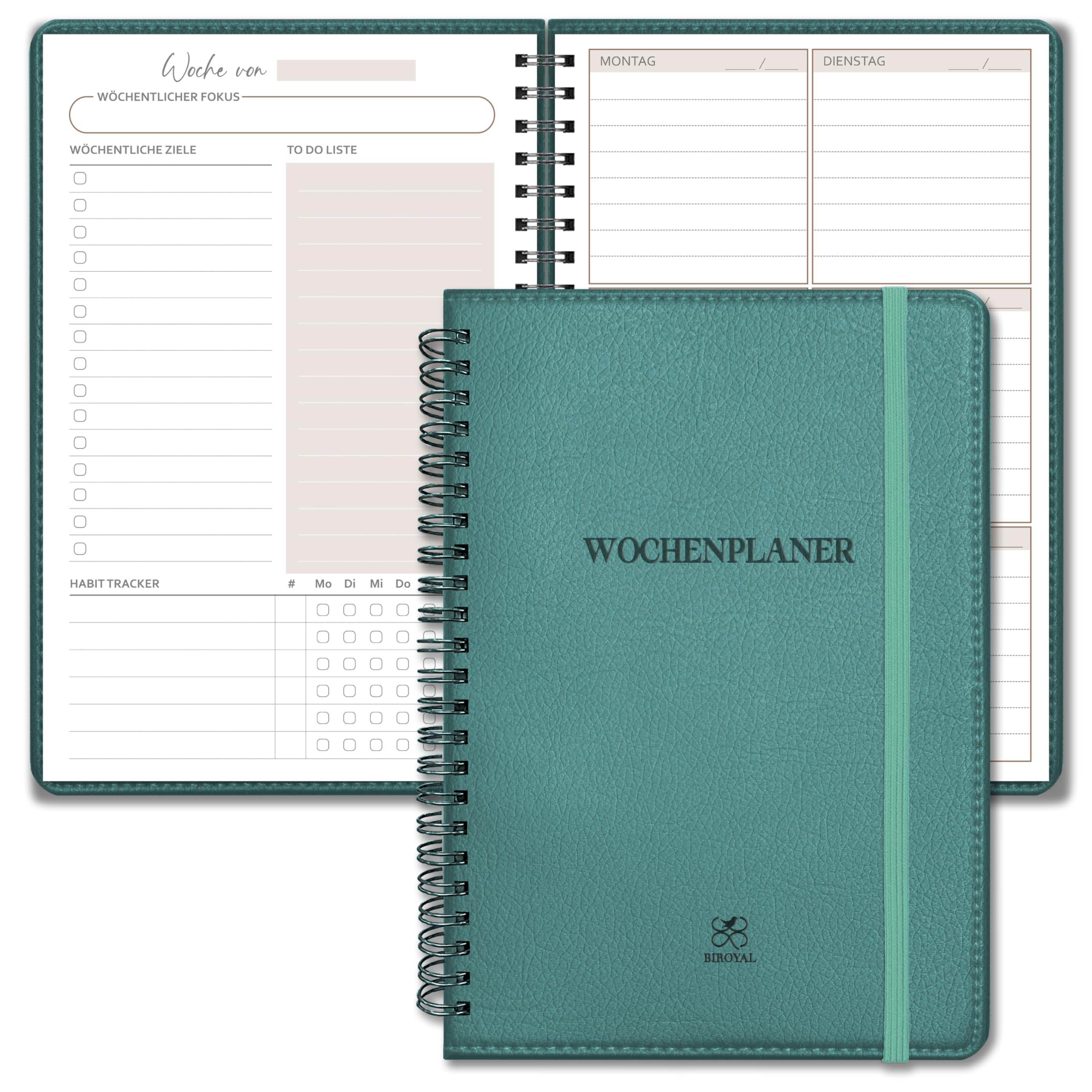 BIROYAL Weekly Planner in German with Hardcover Leather, Cyan