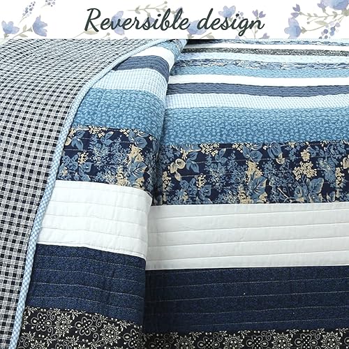 Miniatura 10 de Cozy Line Home Fashions Juego de ropa de cama reversible de 100% algodón, diseño de retazos florales, vintage, estilo campaña, colcha (rosas azules,