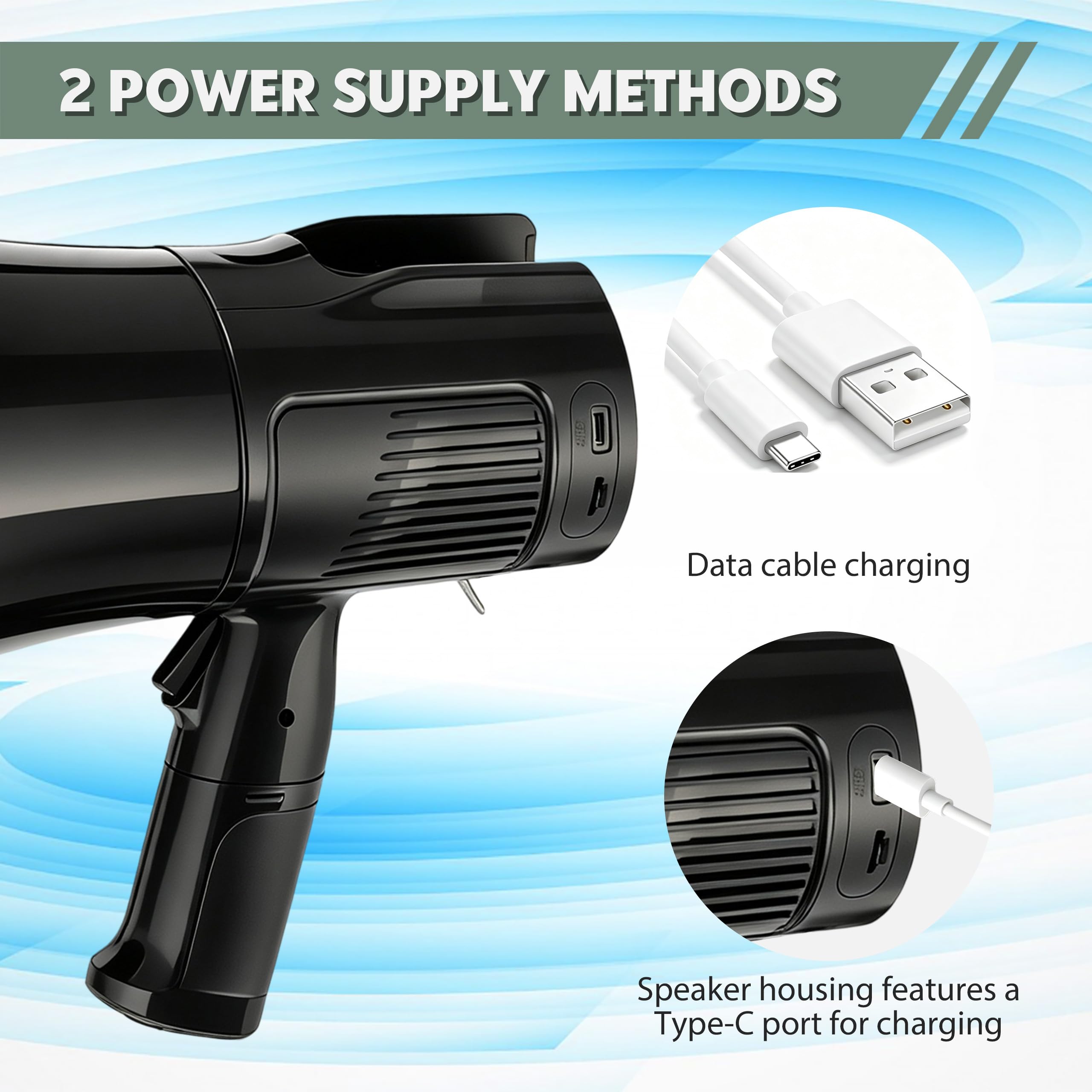 Megafono da 120 W con funzione di registrazione da 1000 secondi, portata massima 2000 m | Altoparlante portatile con sirena, 2 batterie per lezioni, formazione, turismo, emergenze e attività all'aperto