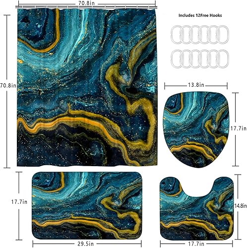 Vista 31 de Nkzply Juego de 4 cortinas de ducha de mármol negro con alfombras, juegos de baño dorados con cortina de ducha y alfombras, accesorios de decoración