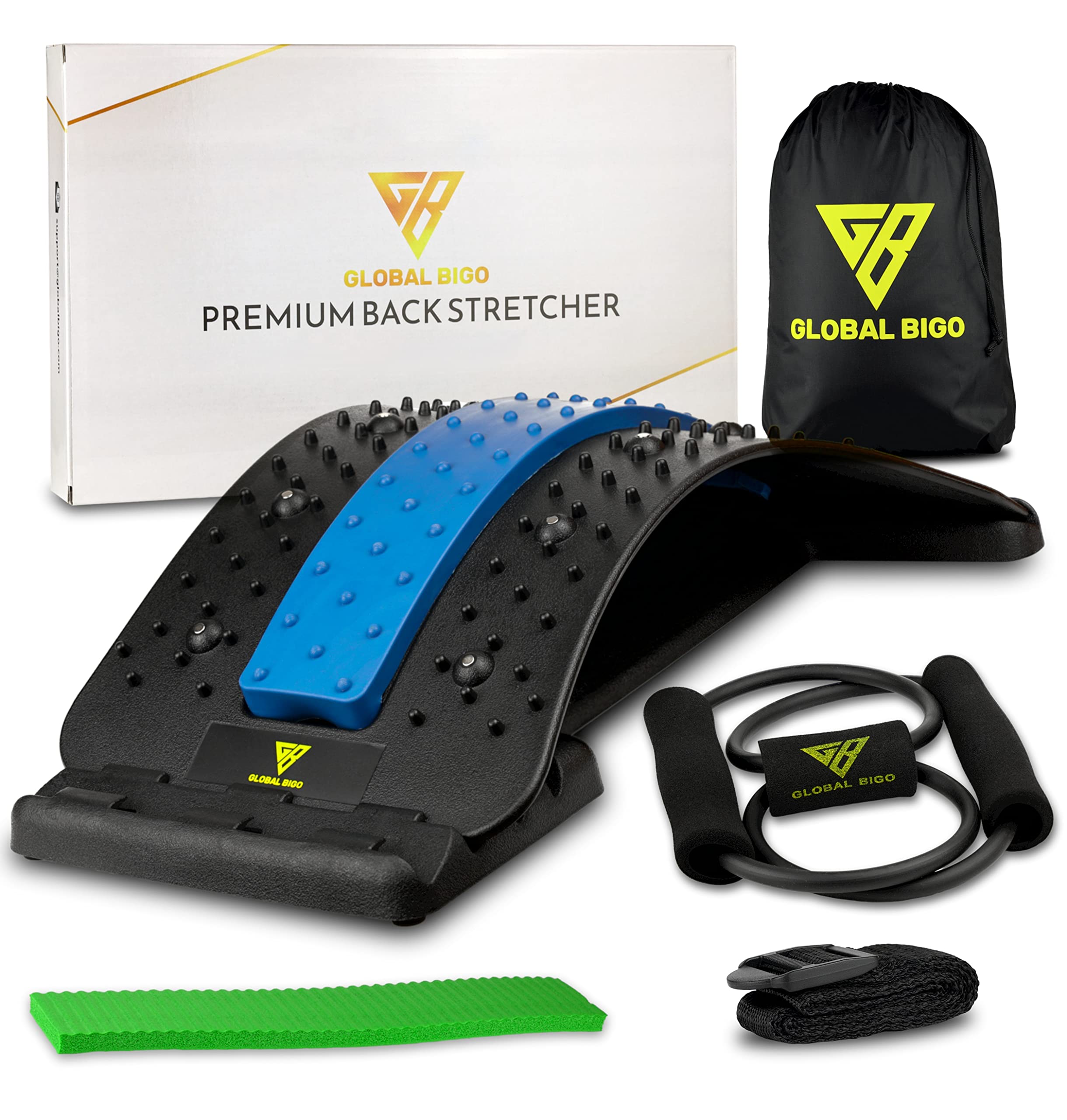 Global Bigo Back Stretcher and Resistance Band Set, Magnetic Back Massager & Lumbar Support, 4 Level Adjustment for Lower & Upper Back Pain Relief & Relaxation, Orthopedic Posture Corrector for Spine