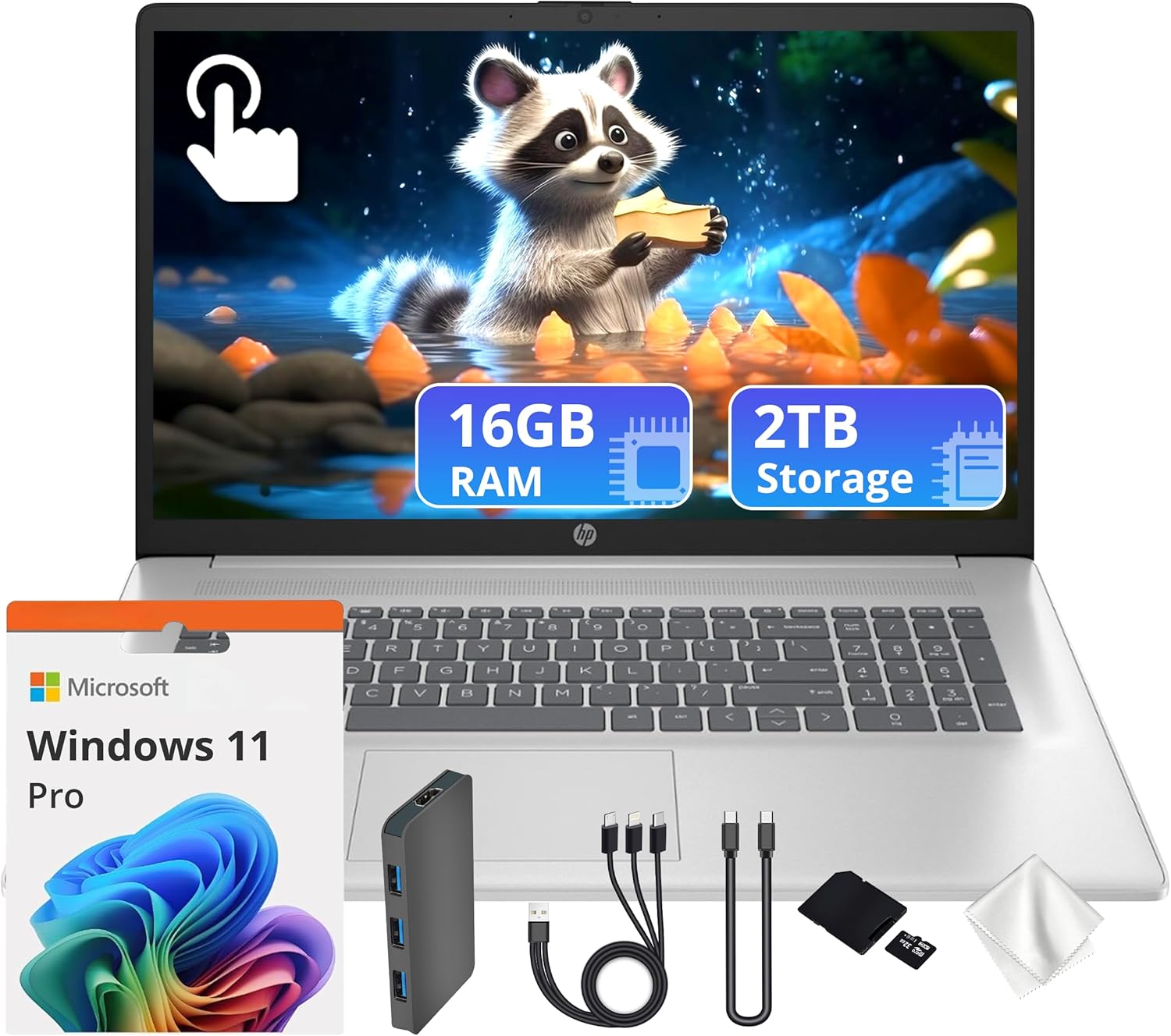 HP 17.3" HD+ Touchscreen Laptop: Ryzen 5 7430U, 16GB RAM, 2TB Storage + Docking Station, Wi-Fi 6, Win 11 Pro, Silver