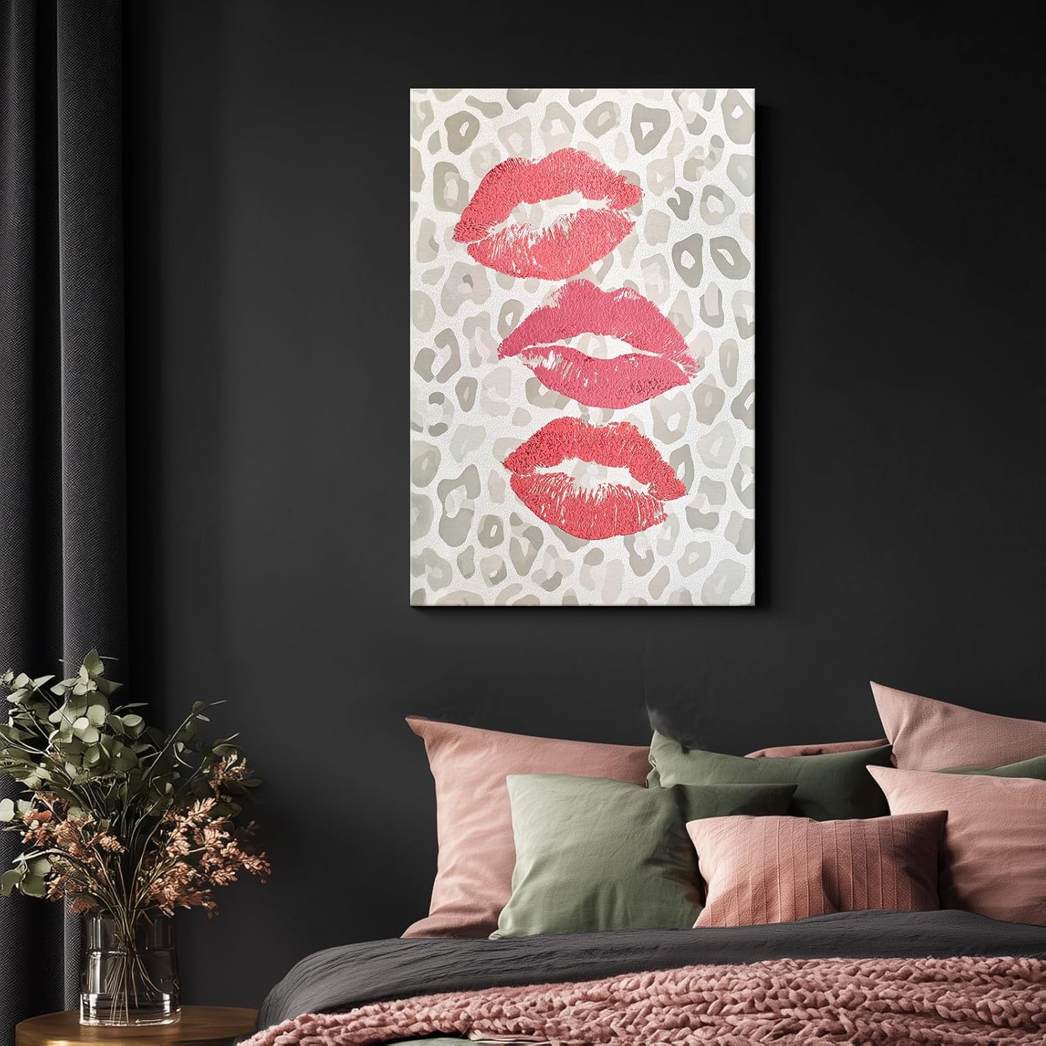 llribbons Leopard Pink Lips Canvas Wall Art, Fashion Sexy Lip Prints Hand Painted Pictures Modern 3D Textured Artwork for Living Room Bedroom Bathroom Office Home Makeup Room Decor Framed 12" x 16"