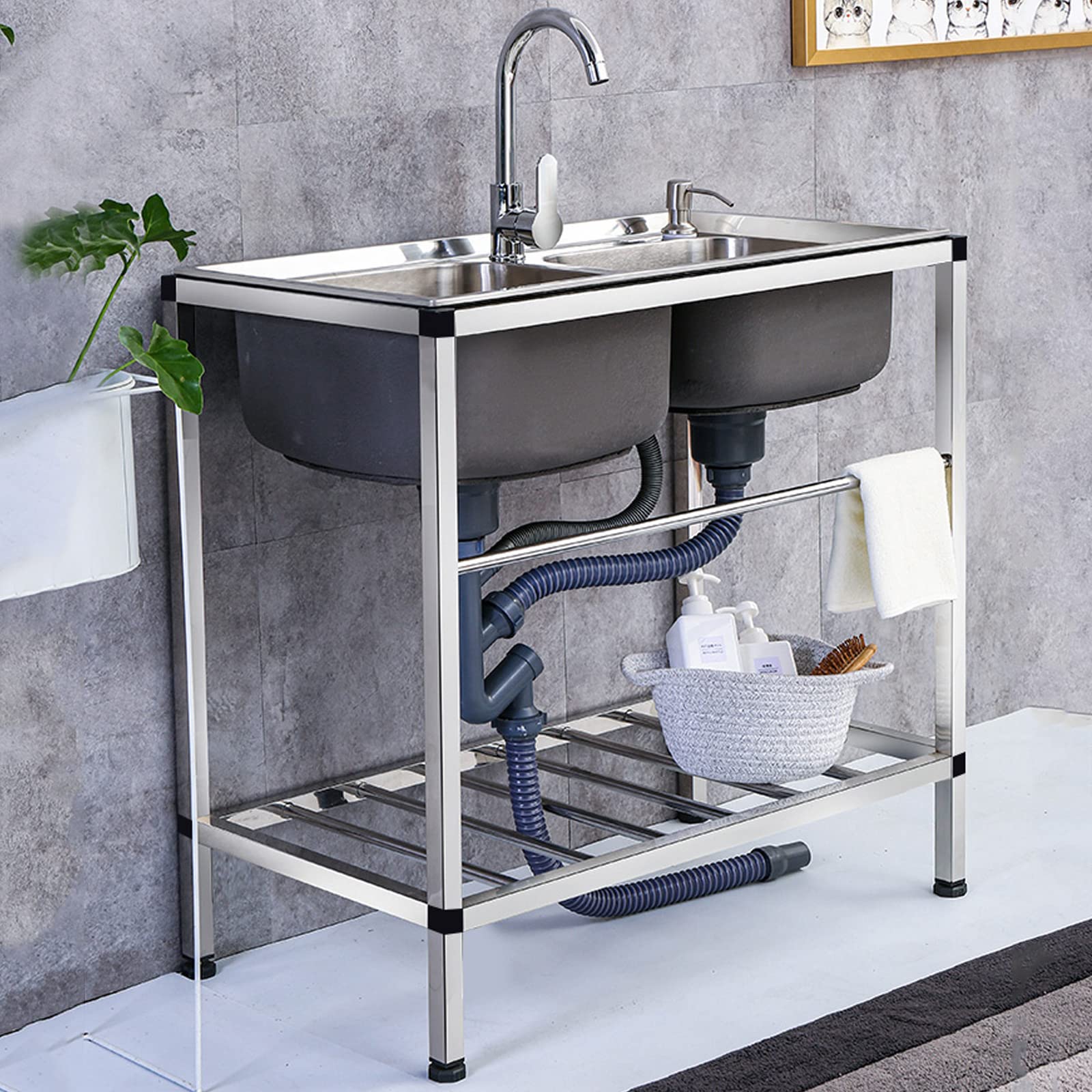 ZQFHSX Stainless Steel Kitchen Sink with Workbench and Mixer for Workshop Restaurant Outdoor Garden 1 Bowl Double Stent Included 78 * 43 21CM