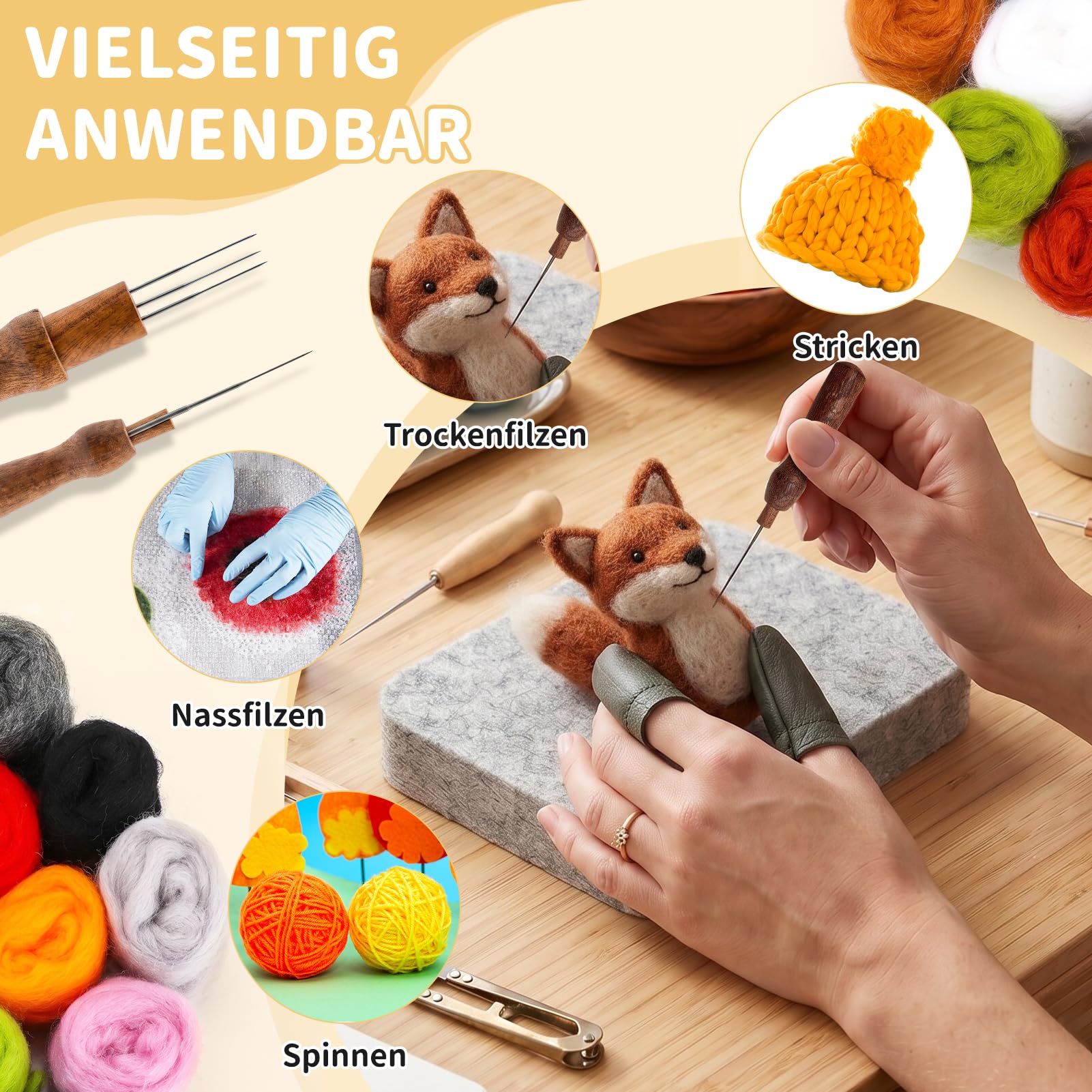 EOJDDPA 66-częściowy zestaw filcu igłowanego z 24 kolorami wełny filcowej, 16 igieł filcowych, podkładka filcowa (11,8 x 8,5 cm), torba do przechowywania i drewniane uchwyty, zestaw startowy DIY dla