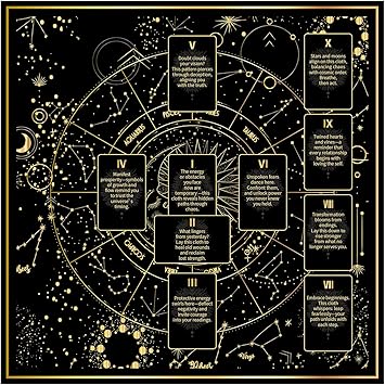 BOXOB Tarot Tablecloth, 24.8x24.8in Altar Cloth Sacred Divination Cloth Double-Sided Prints Tarot Mat for Cards Reading, Witchcraft, Crystals, Spiritual Rituals Supplies Black & Gold