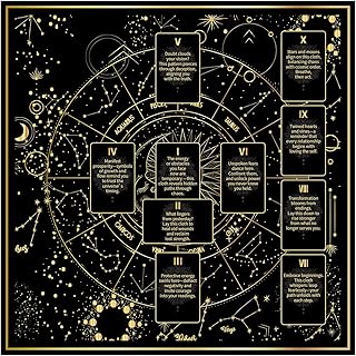BOXOB Tarot Tablecloth, 24.8x24.8in Altar Cloth Sacred Divination Cloth Double-Sided Prints Tarot Mat for Cards Reading, Witchcraft, Crystals, Spiritual Rituals Supplies (Black & Gold)