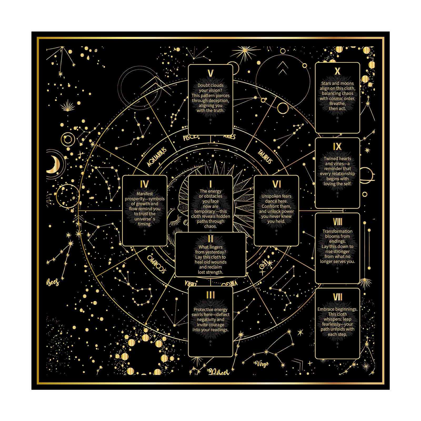 BOXOB Tarot Tablecloth, 24.8x24.8in Altar Table Cloth Divination Double-Sided Square Prints Cover Mat for Cards Reading, Witchcraft, Crystals, Spiritual Rituals Supplies Accessories(Black & Gold)