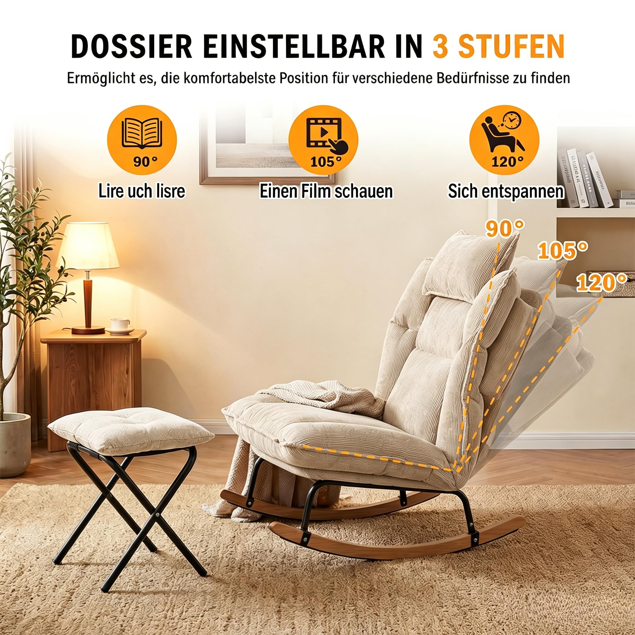 Fabulcozy Schaukelstuhl aus Cordsamt mit Fußstütze, Relaxsessel verstellbar in 3 Positionen, mit abnehmbarem Kissen, Wohnzimmerstuhl für Entspannung