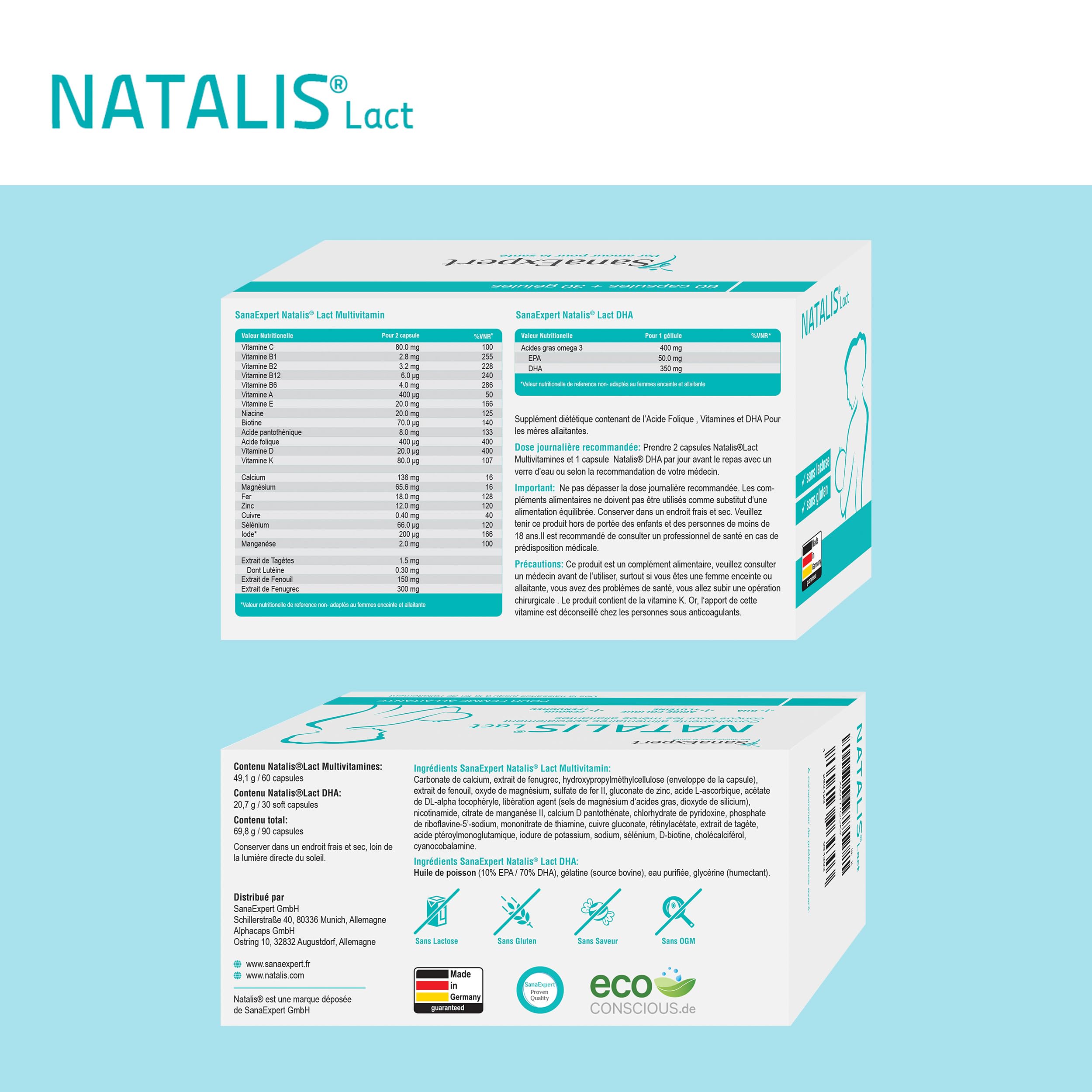SanaExpert Natalis Lact Complément Allaitement et Post Partum, Vitamines avec Acide Folique, DHA Oméga 3, Fenouil, Fenugrec, Biotine, Vitamines D, A, B et Minéraux pour Lactation, 90 Capsules