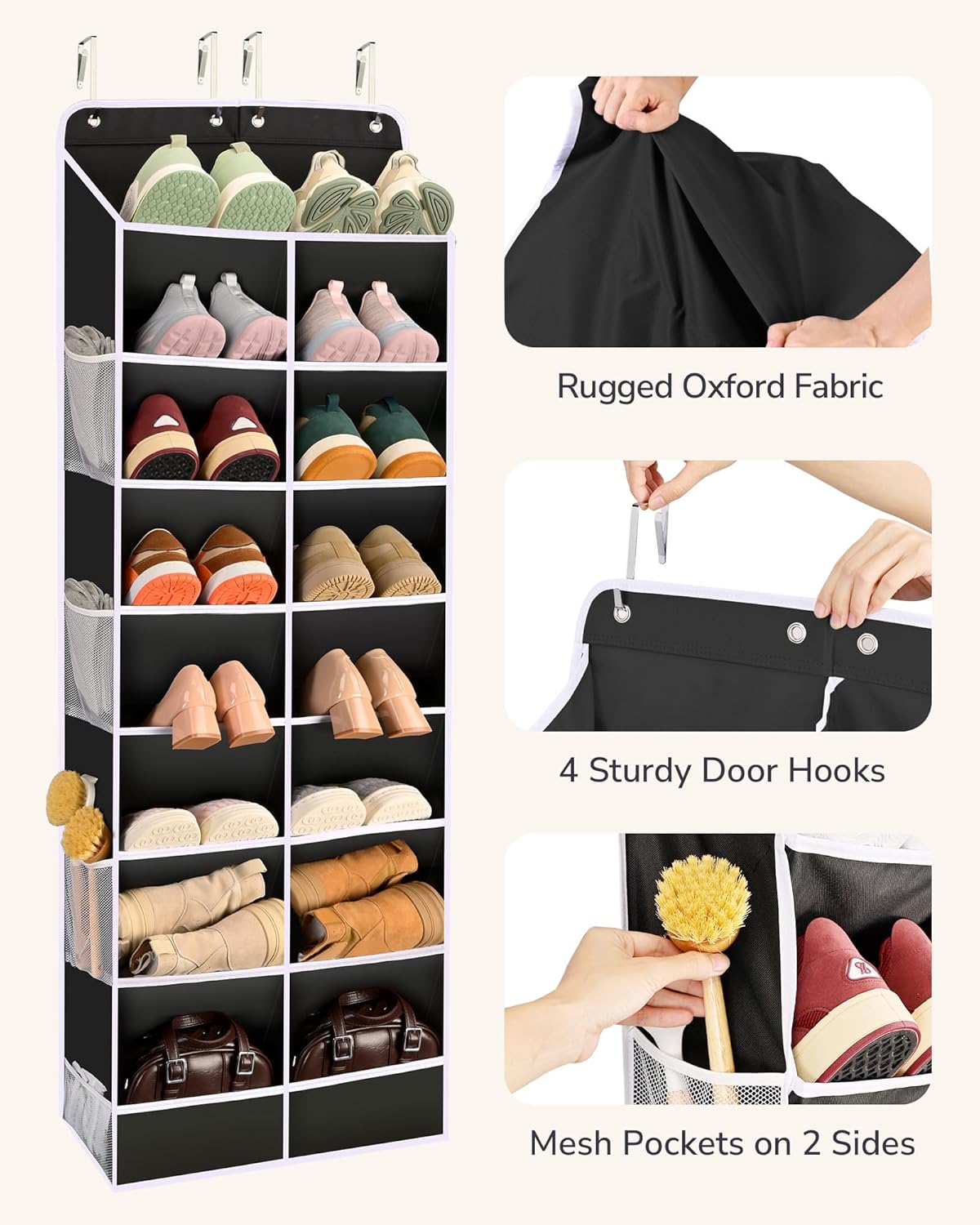 ULG Over The Door Shoe Organizer with 16 Large Pockets, Hanging Shoe Rack for Closet Door, Space Saving Shoe Storage for Boots, Heels & Sneakers, Black