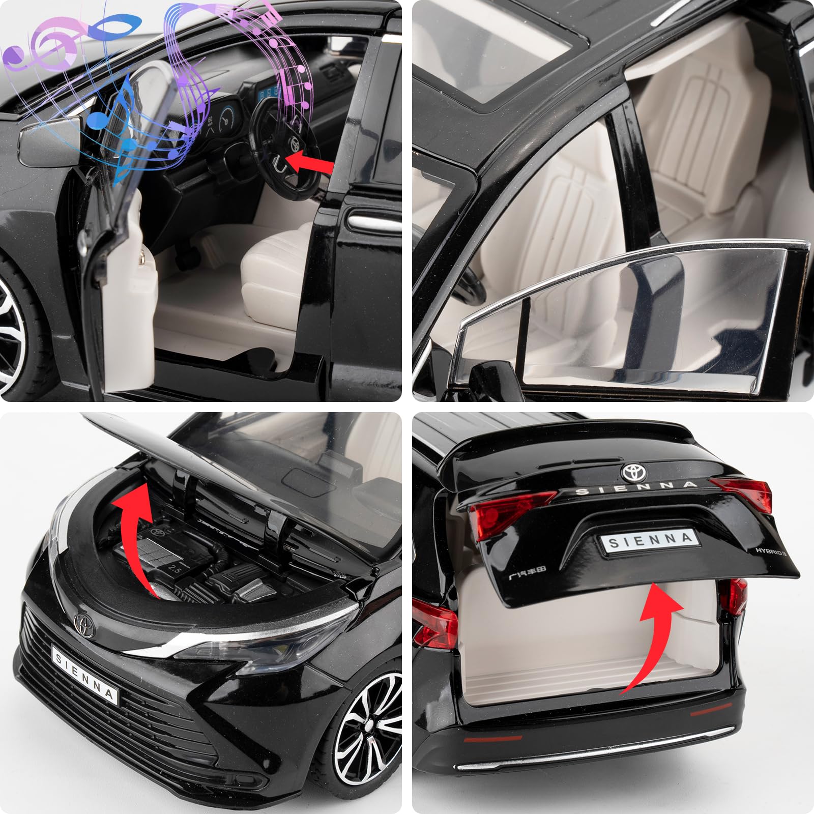 BGHSCA 1:24 Compatible for Sienna Car Model Pull Back Diecast Toy Car with Sounds&Lights for Kids Boys Girls and Adults Gift Black - Image 4