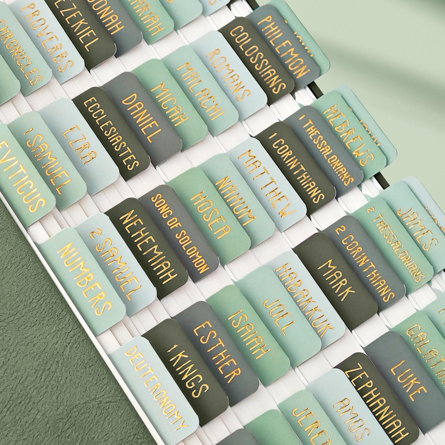 Laminated Bible Tabs, Bible Study Supplies, Large Print Bible Book Tabs for Women and Men, (Gold Foil Embossed Lettering) Bible Labels Index Tabs, Bible Accessories for Easy Navigation(Olive Green) โ image 1